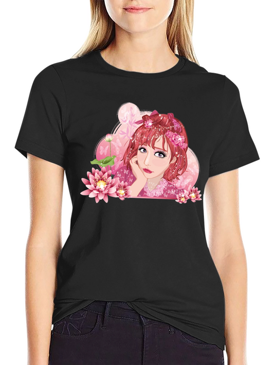 Anime Girl Lotus Black T-Shirt