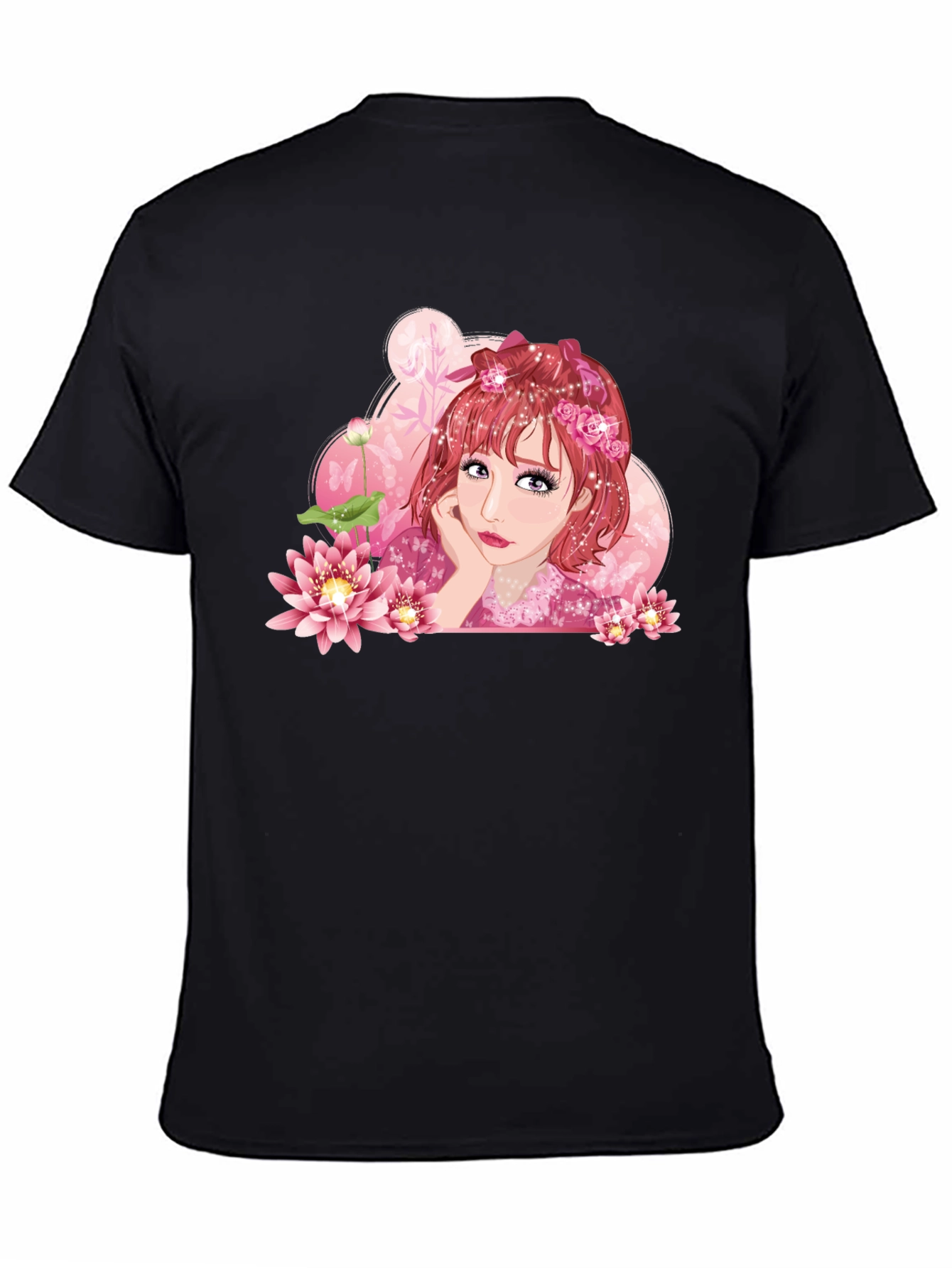 Anime Girl Lotus Black T-Shirt