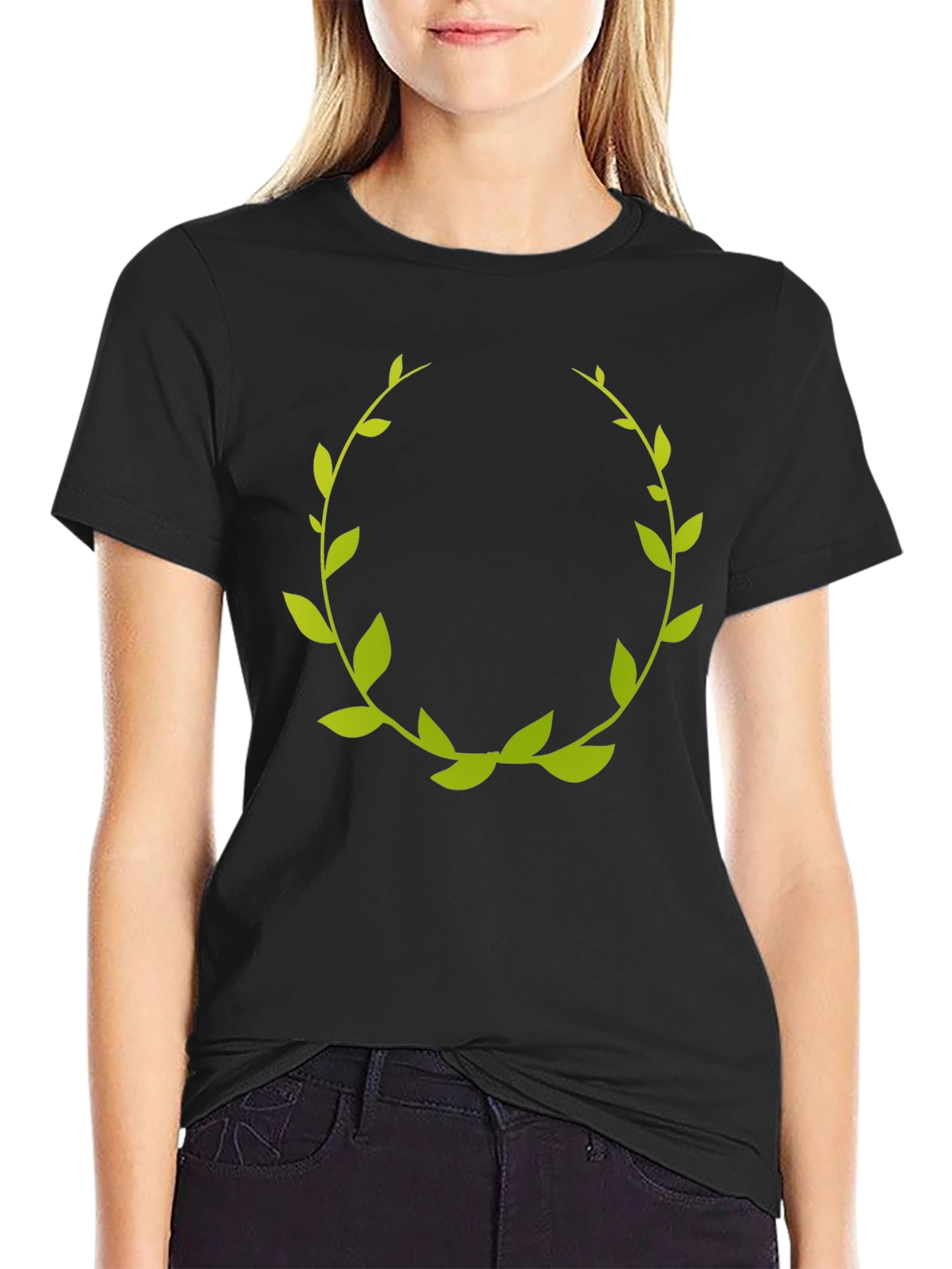 Green Laurel Wreath Graphic Tee - Black Cotton T-Shirt