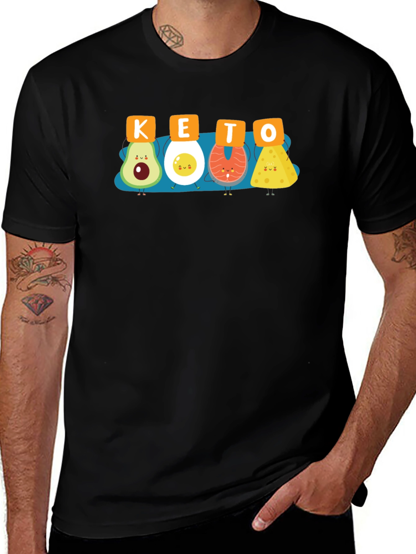 KETO Food Cartoon Graphic T-Shirt Black Crew Neck Tee