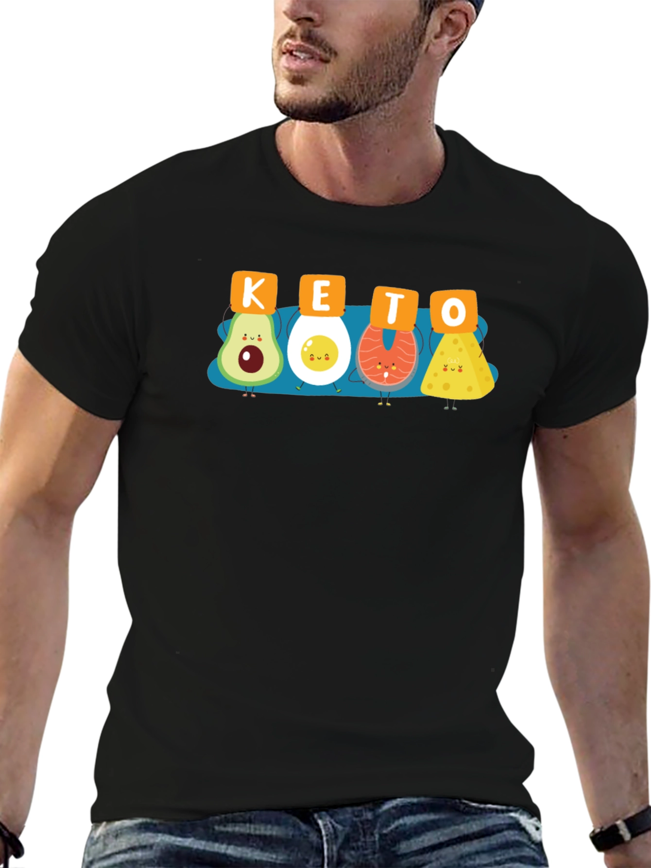 KETO Food Cartoon Graphic T-Shirt Black Crew Neck Tee