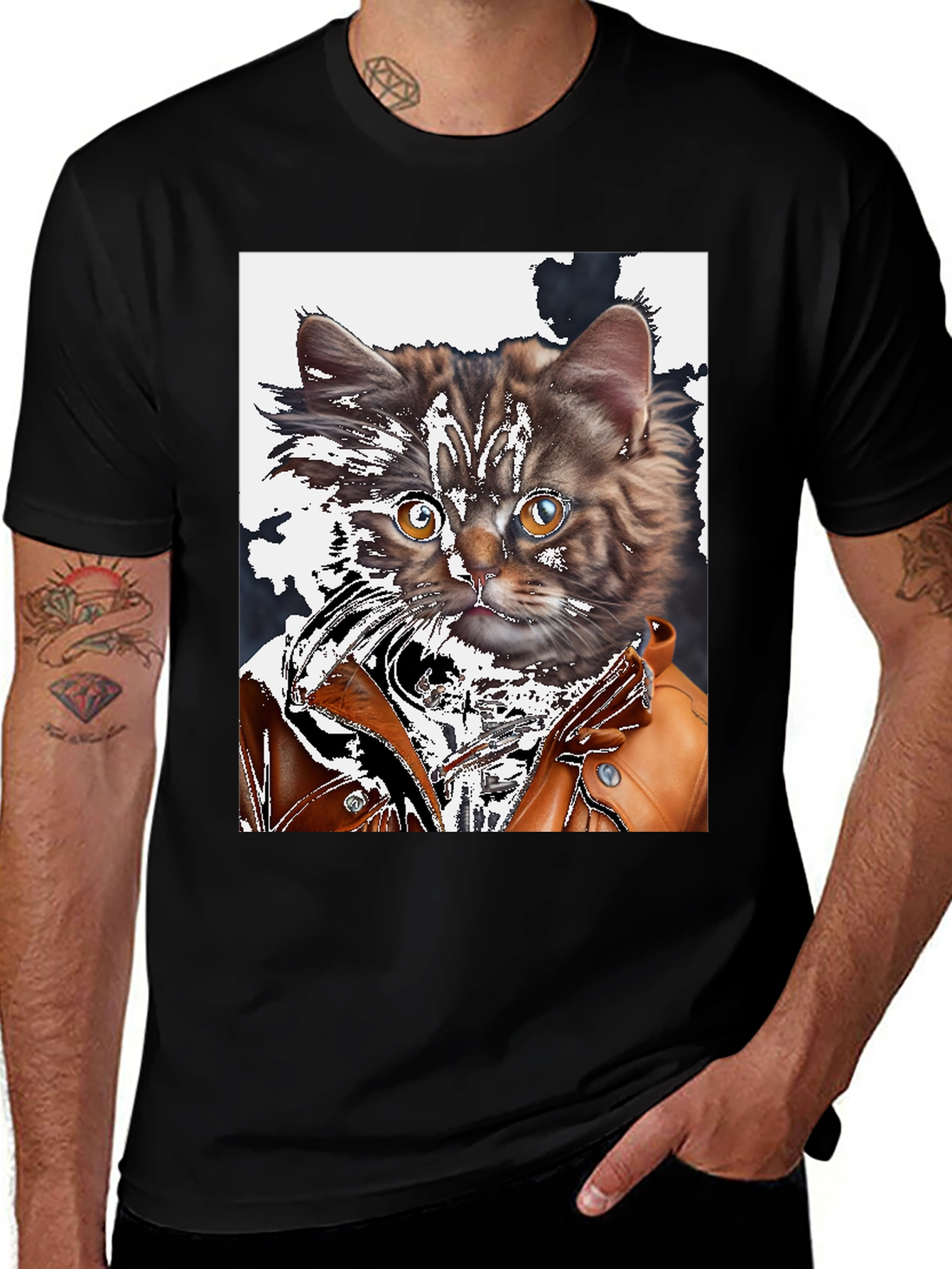 Cool Cat in Leather Jacket Graphic T-Shirt