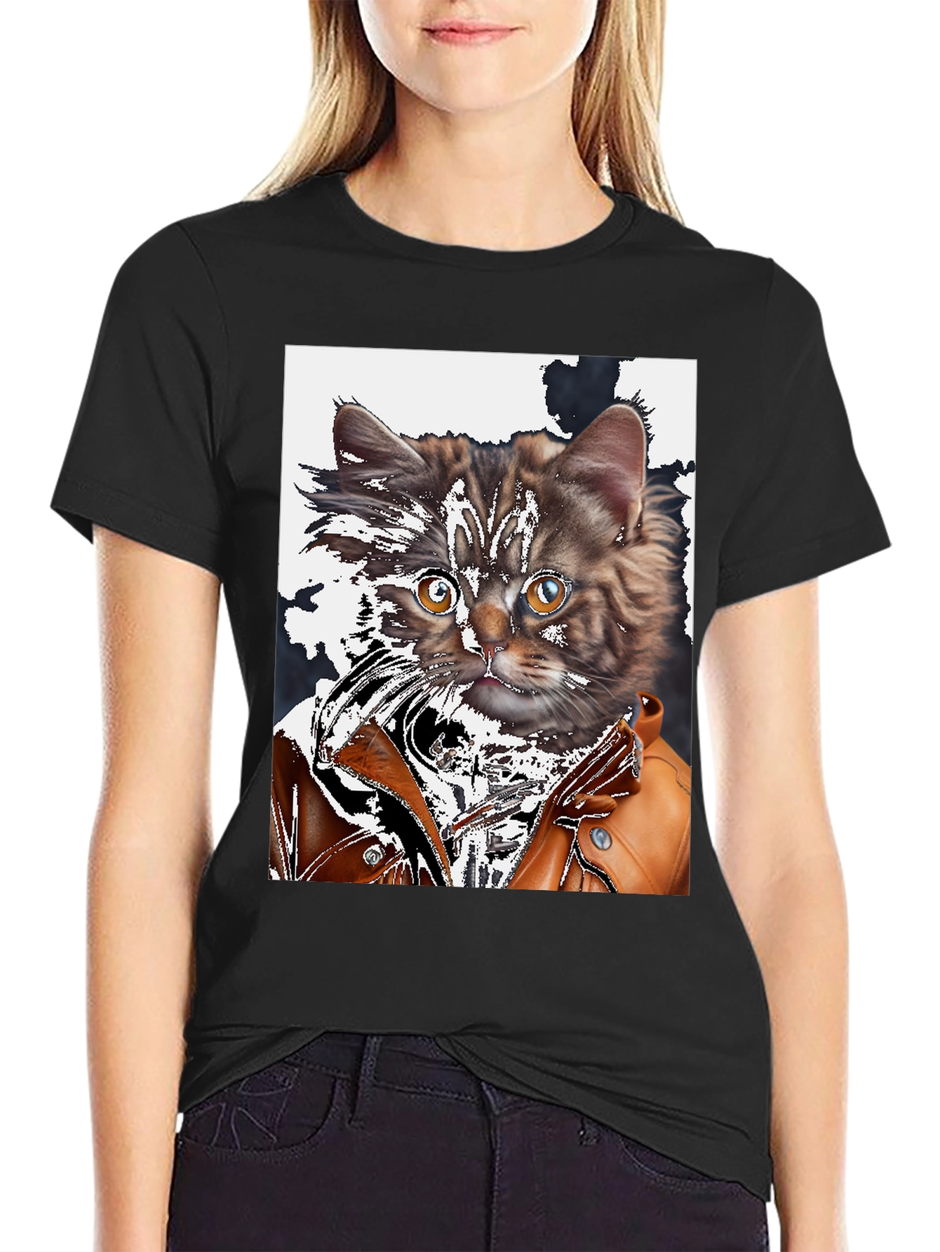 Cool Cat in Leather Jacket Graphic T-Shirt