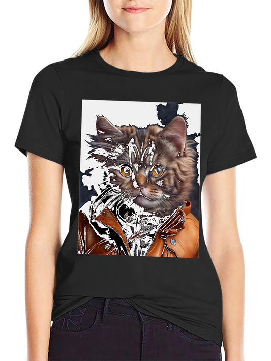 Cool Cat in Leather Jacket Graphic T-Shirt