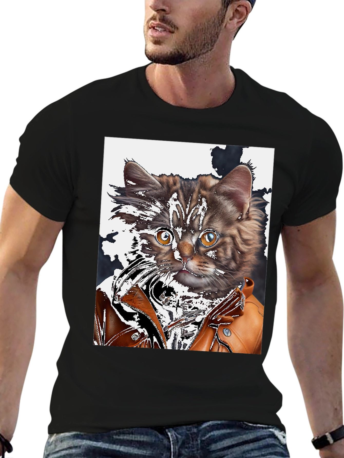 Cool Cat in Leather Jacket Graphic T-Shirt