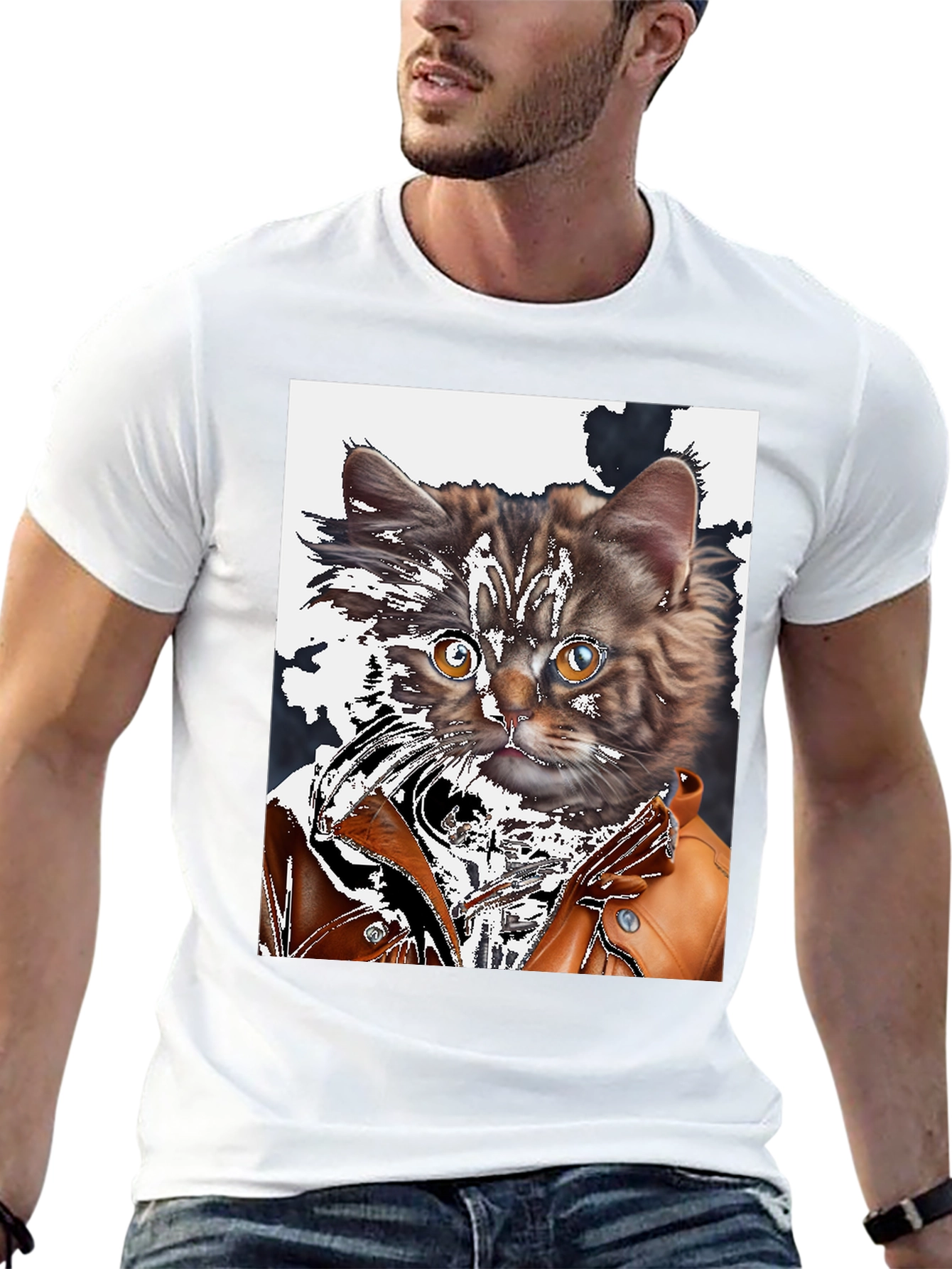 Cool Cat in Leather Jacket Graphic T-Shirt