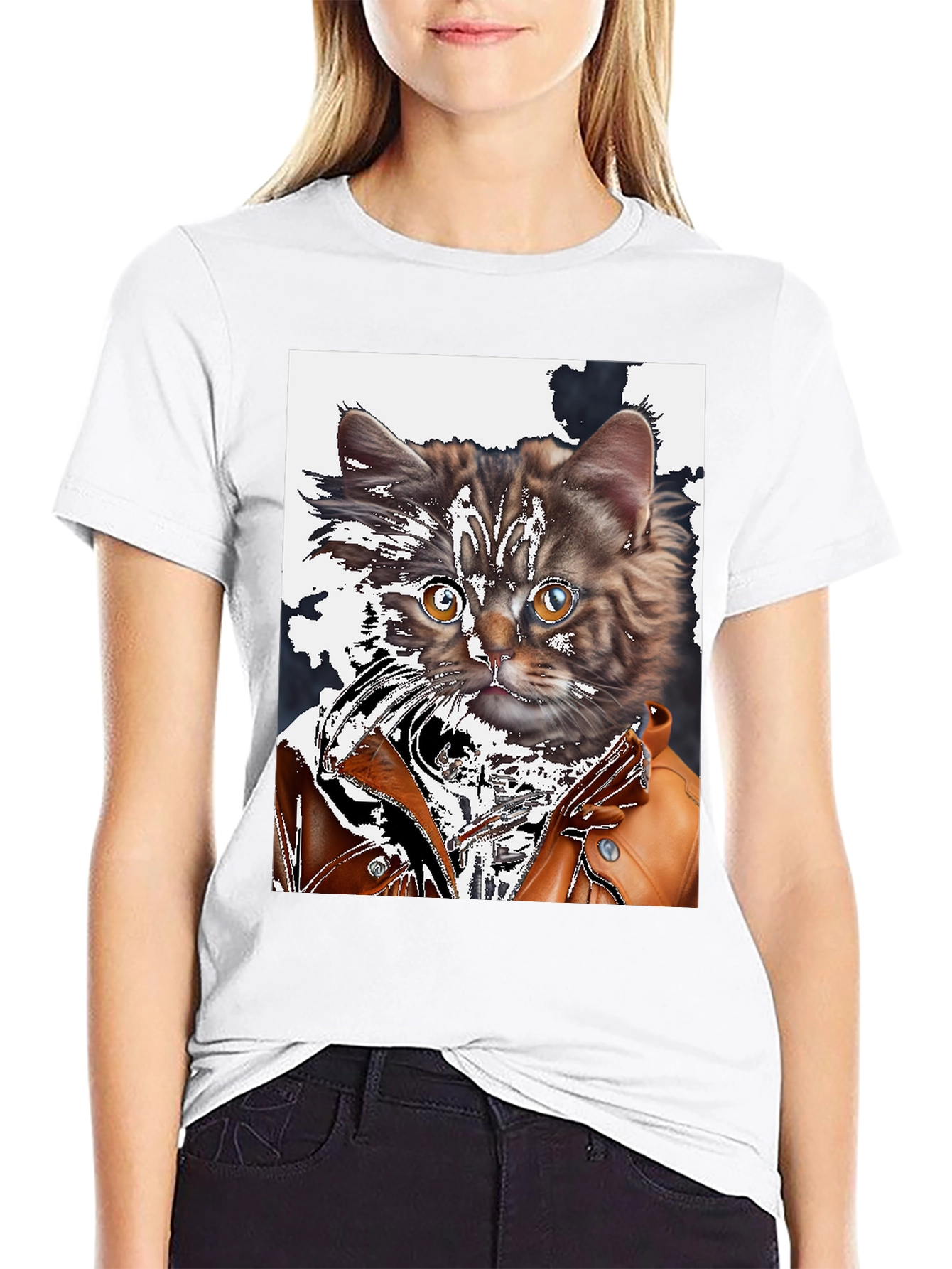Cool Cat in Leather Jacket Graphic T-Shirt