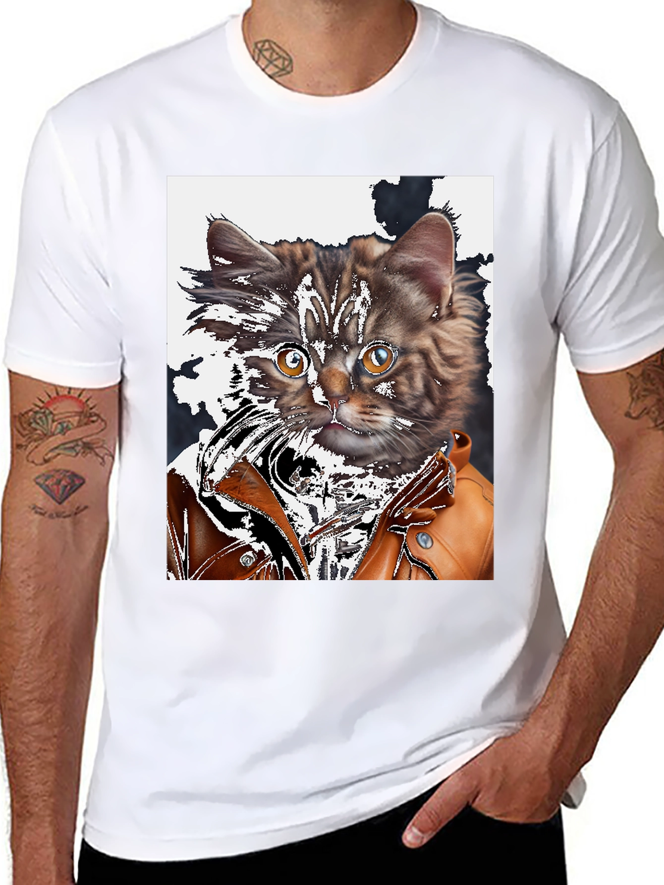 Cool Cat in Leather Jacket Graphic T-Shirt