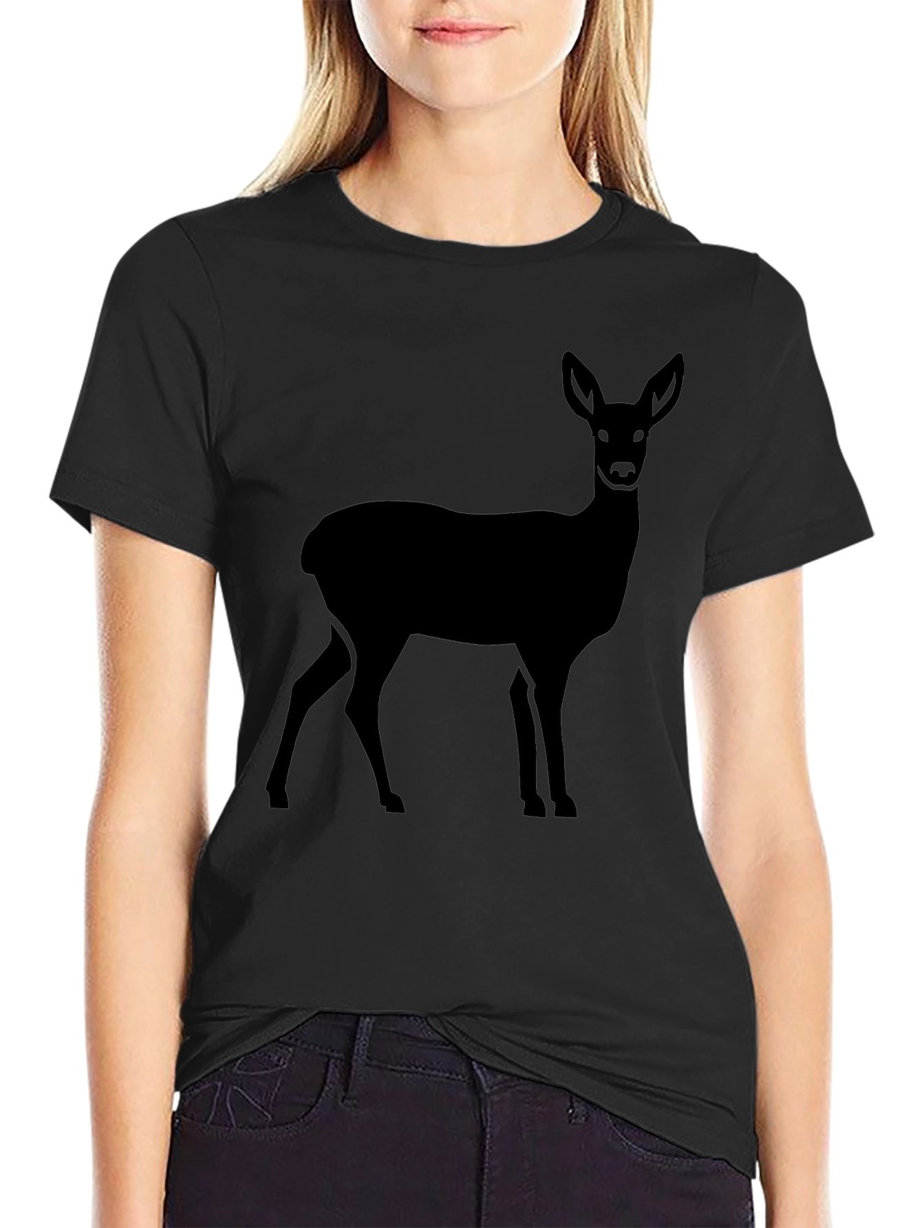 Deer Silhouette Graphic Tee - Black Cotton Casual Shirt