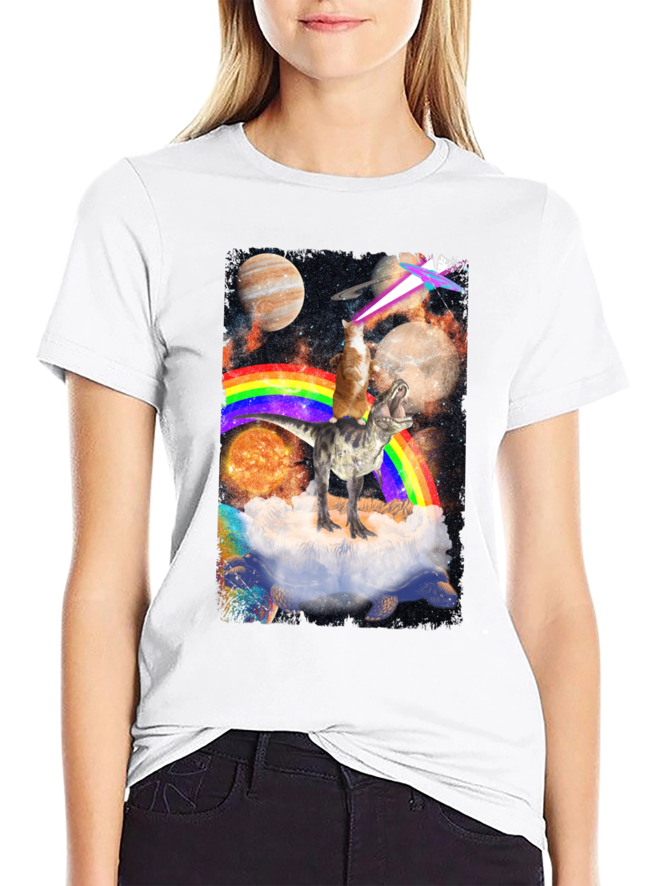 Cosmic Dinosaur Cat Rainbow T-Shirt