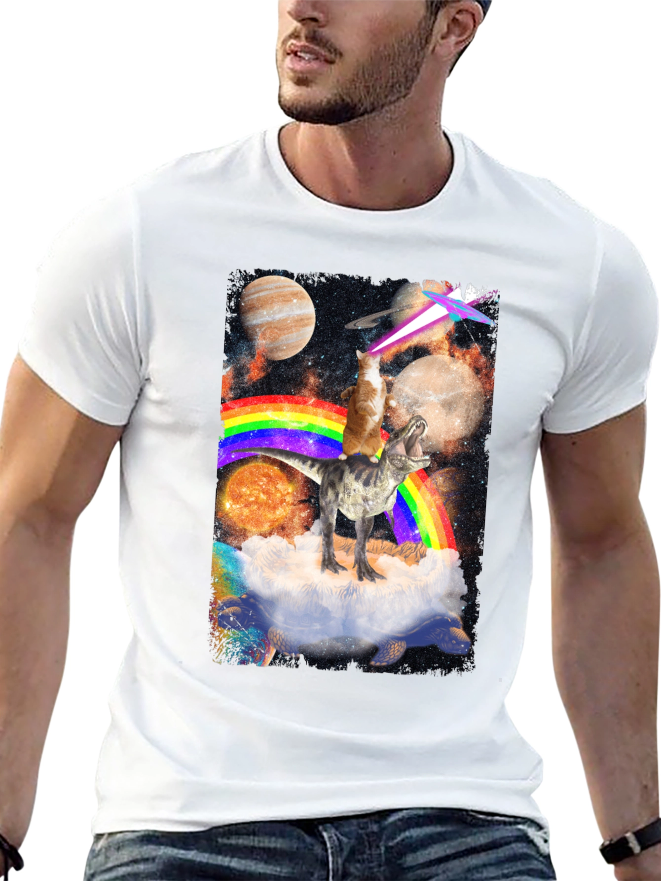 Cosmic Dinosaur Cat Rainbow T-Shirt