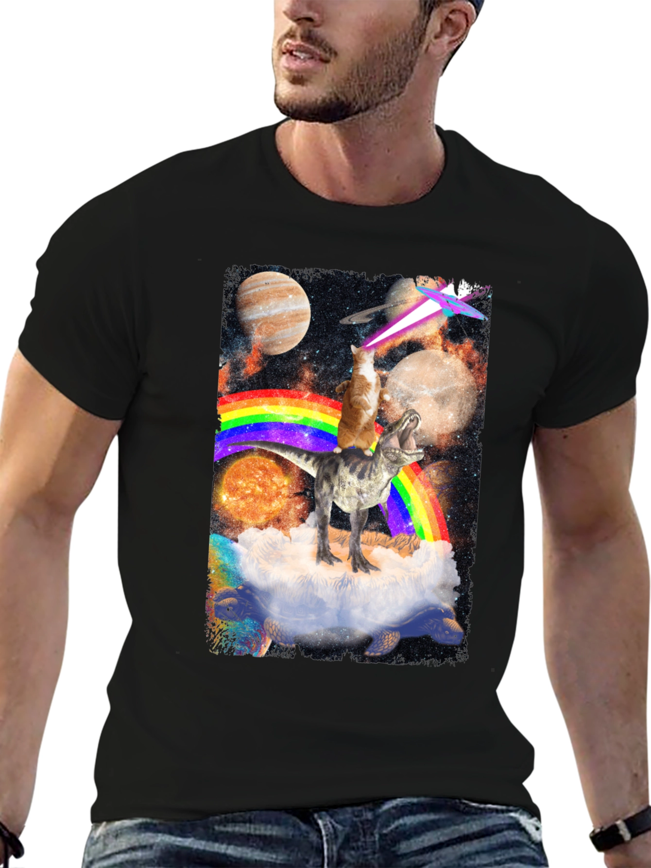 Cosmic Dinosaur Cat Rainbow T-Shirt