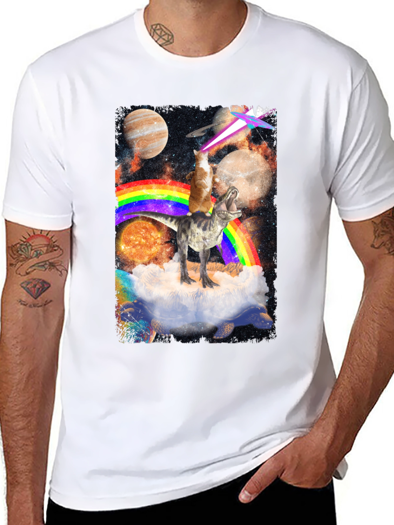Cosmic Dinosaur Cat Rainbow T-Shirt
