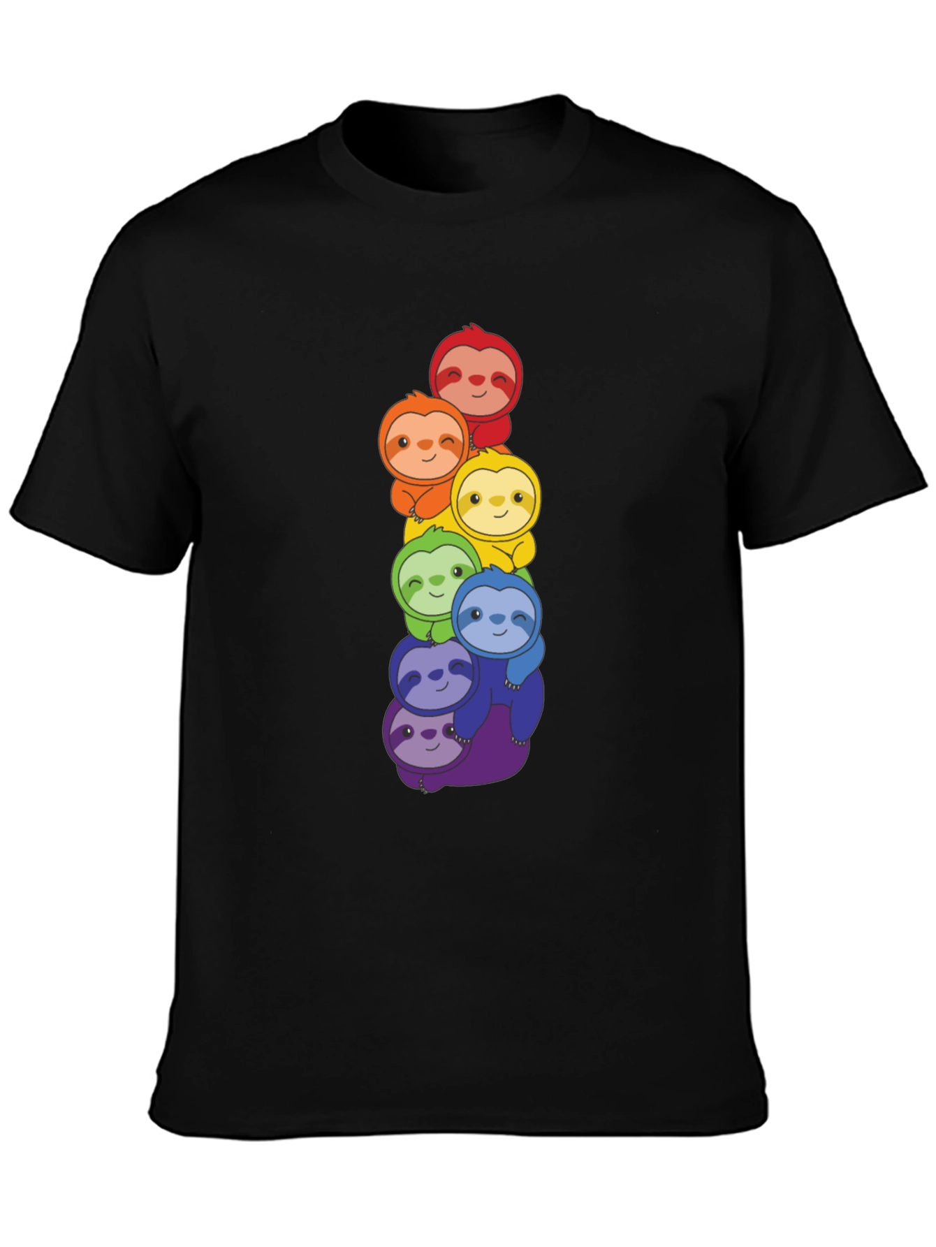 Rainbow Sloth Stack Graphic Tee - Black Cotton T-Shirt