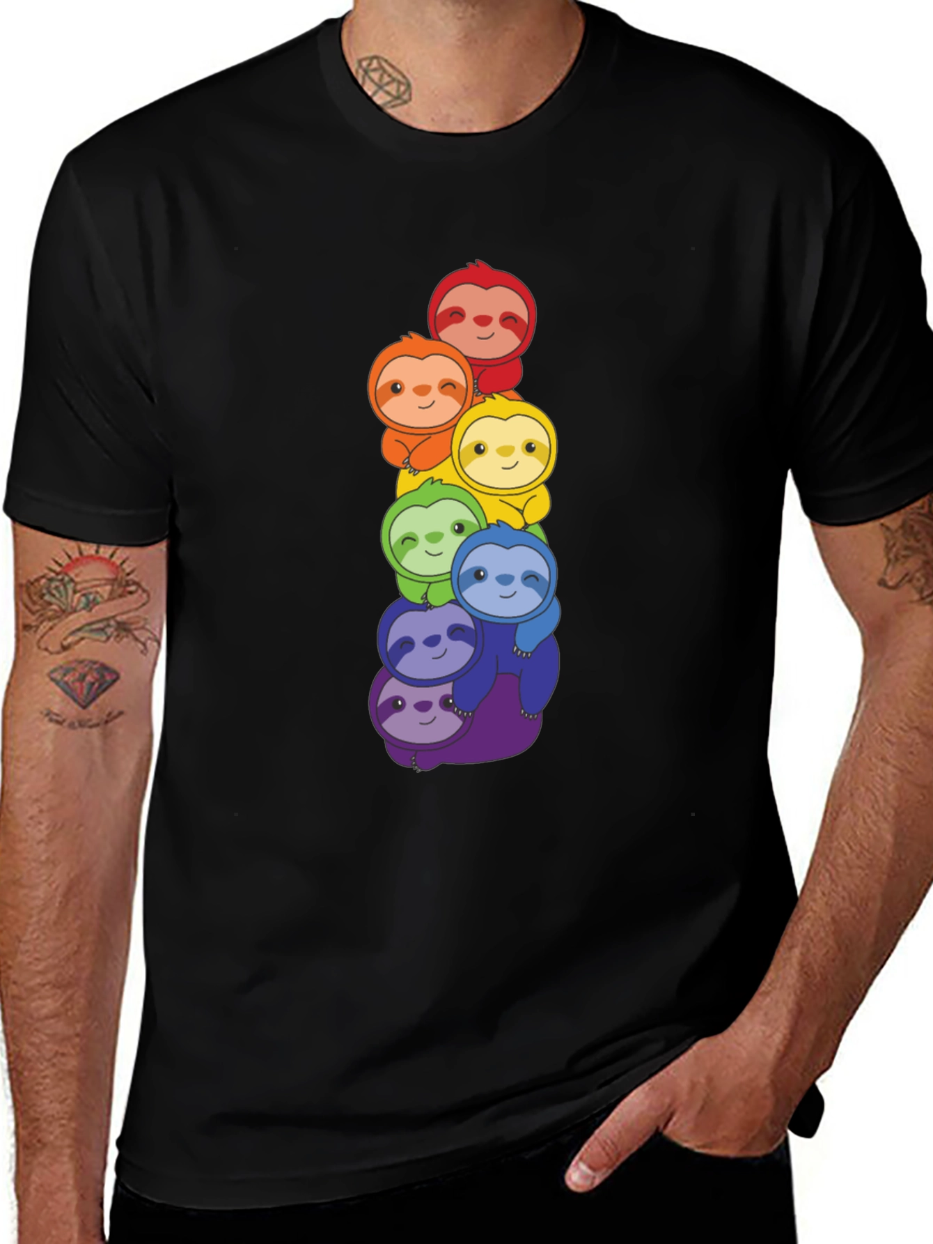 Rainbow Sloth Stack Graphic Tee - Black Cotton T-Shirt