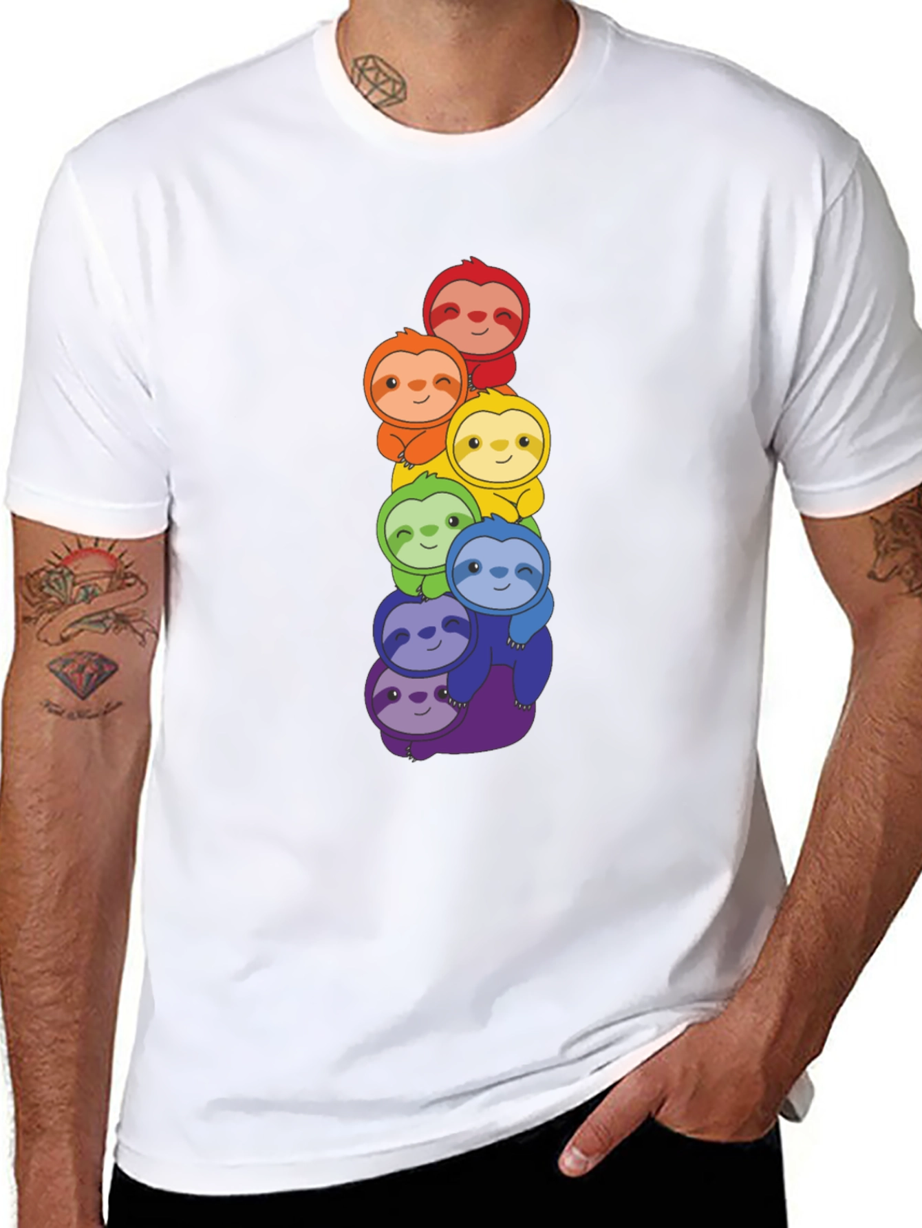 Rainbow Sloth Stack Graphic Tee - Black Cotton T-Shirt