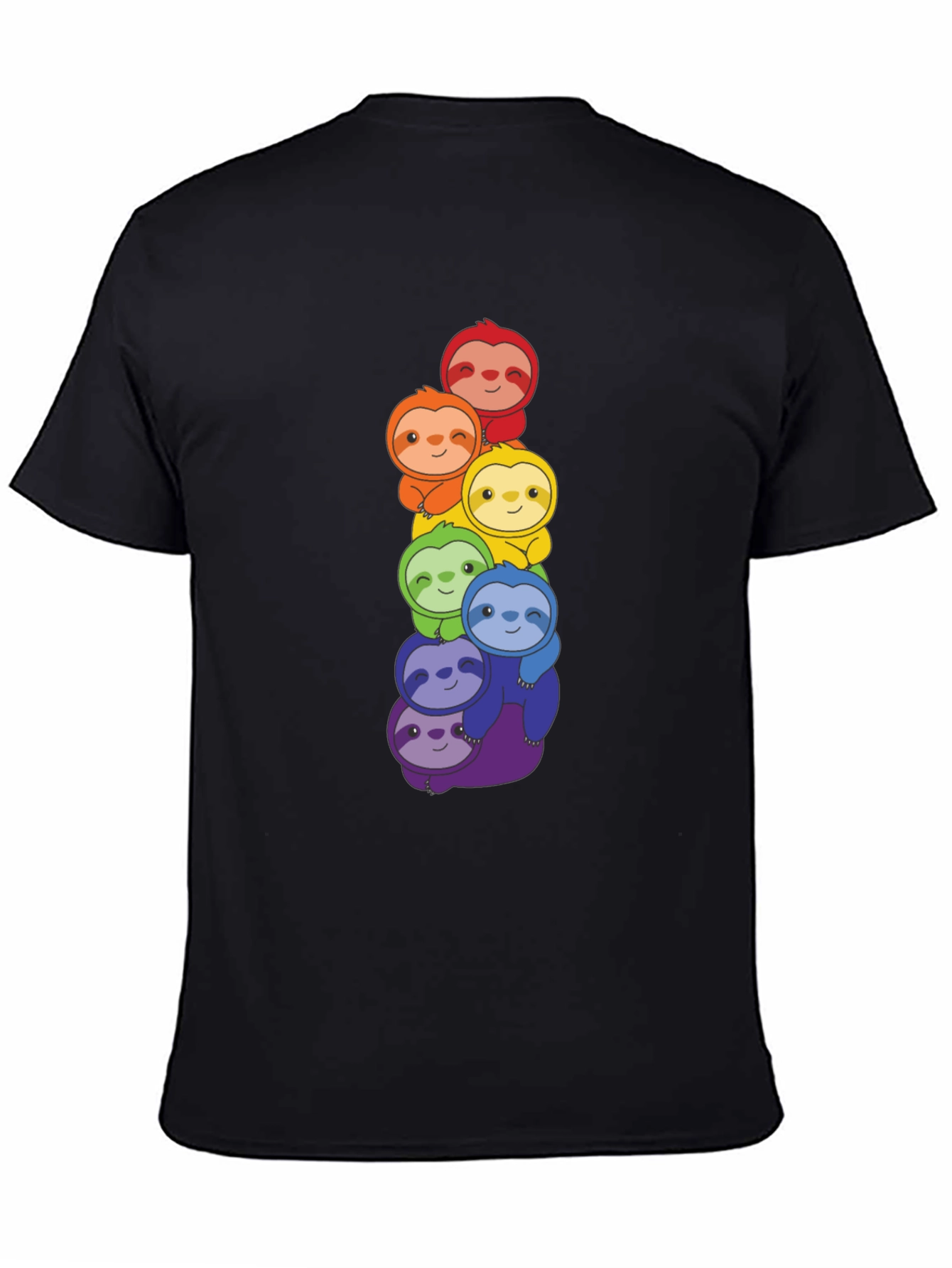 Rainbow Sloth Stack Graphic Tee - Black Cotton T-Shirt
