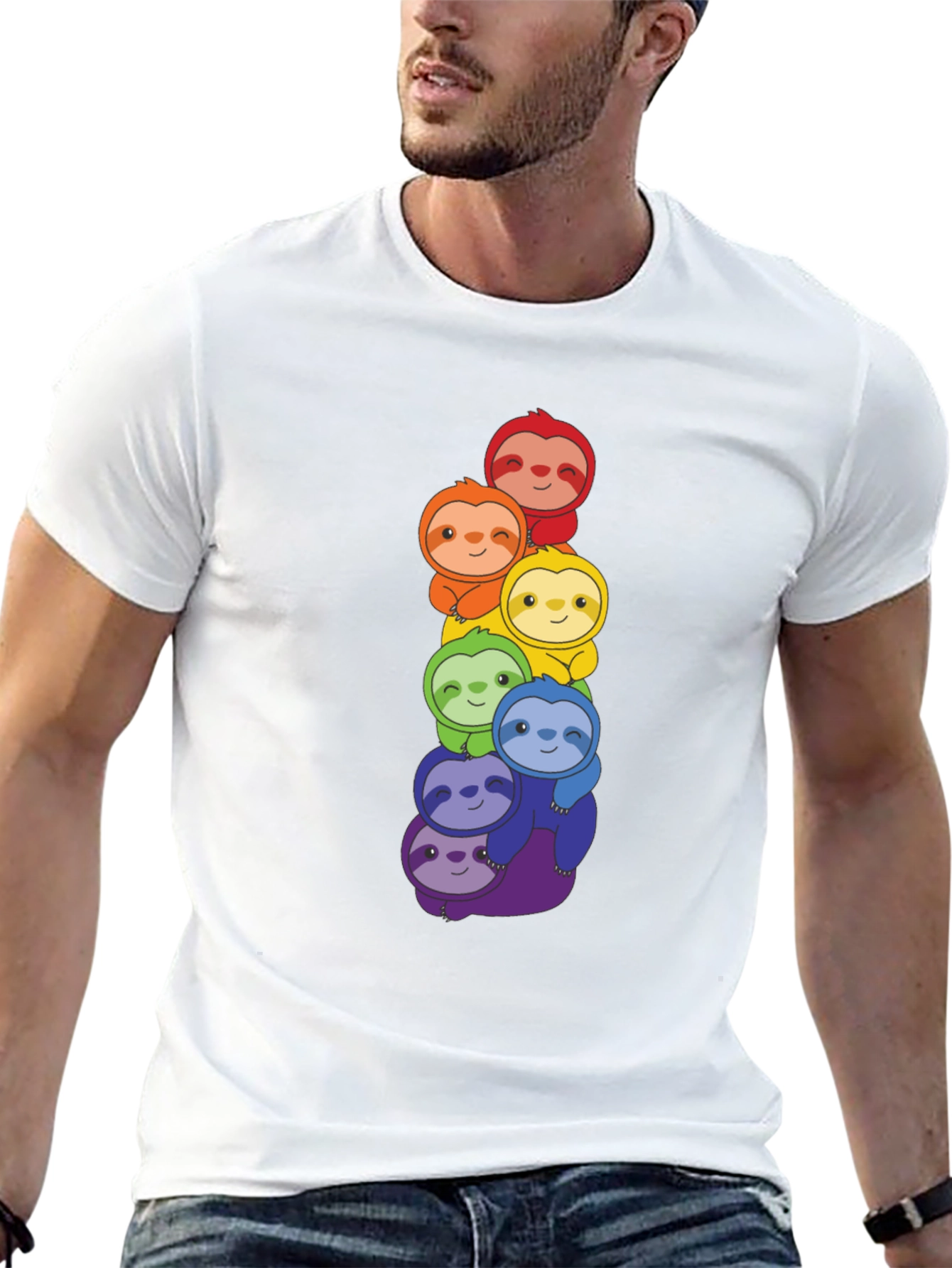 Rainbow Sloth Stack Graphic Tee - Black Cotton T-Shirt