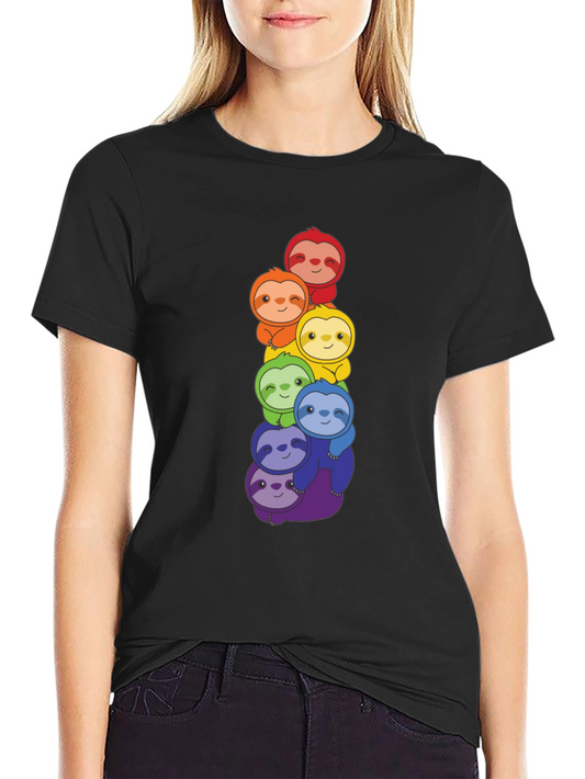 Rainbow Sloth Stack Graphic Tee - Black Cotton T-Shirt