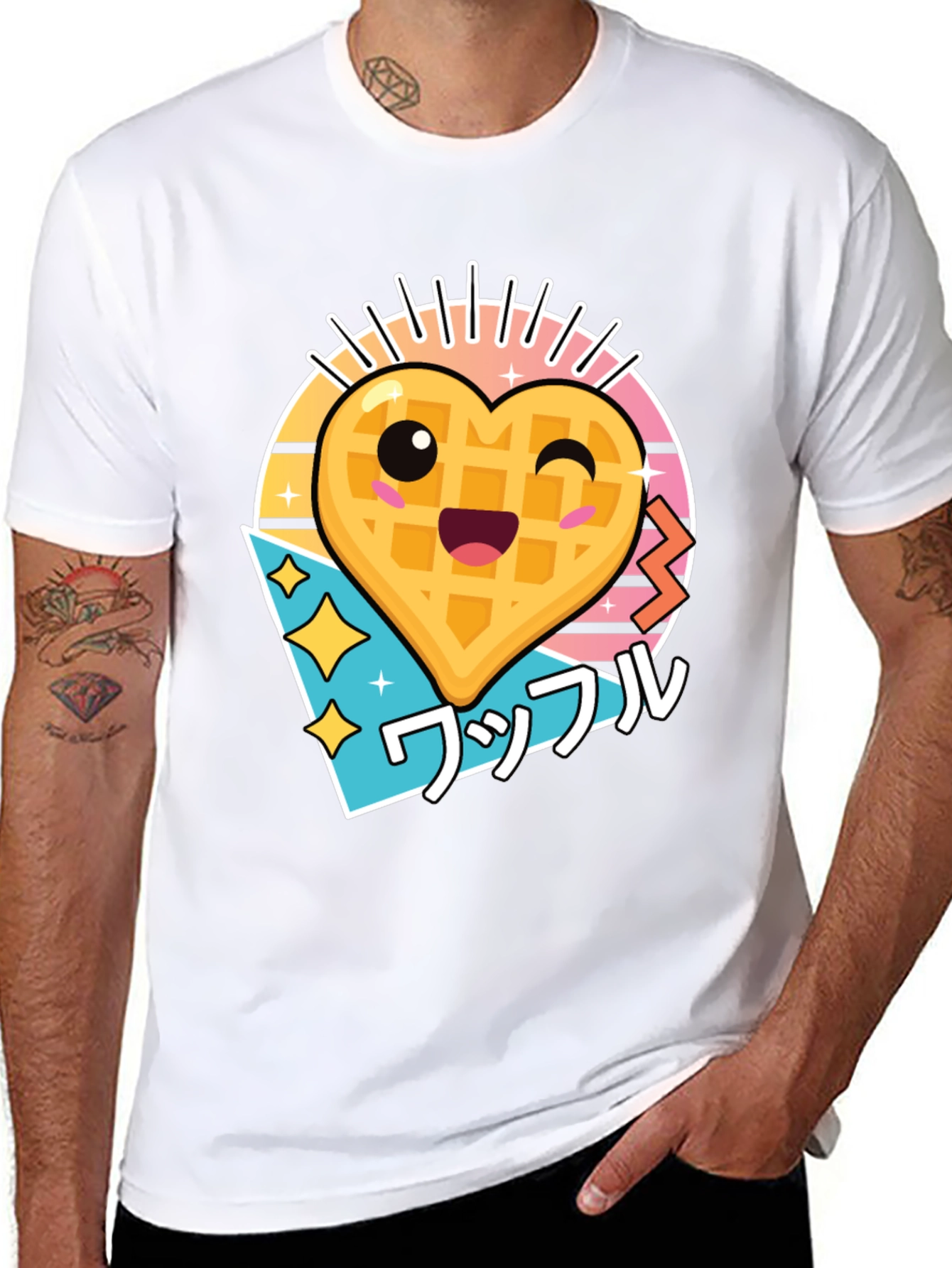 Kawaii Waffle Heart Graphic Tee - Black Cotton T-Shirt