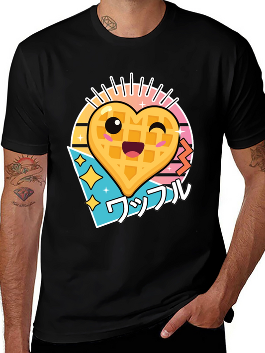 Kawaii Waffle Heart Graphic Tee - Black Cotton T-Shirt