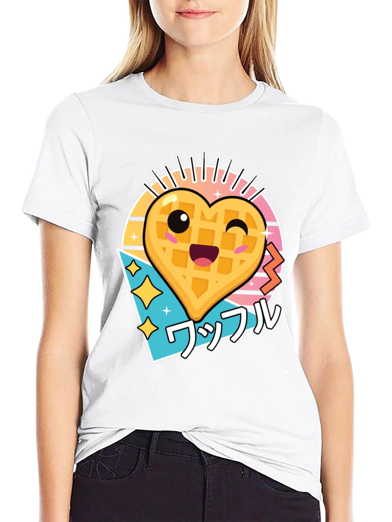 Kawaii Waffle Heart Graphic Tee - Black Cotton T-Shirt