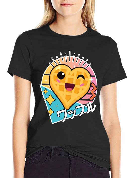 Kawaii Waffle Heart Graphic Tee - Black Cotton T-Shirt
