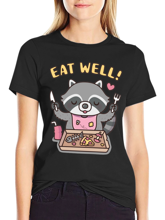 Eat Well Raccoon Graphic T-Shirt - Cute Cartoon Animal Tee