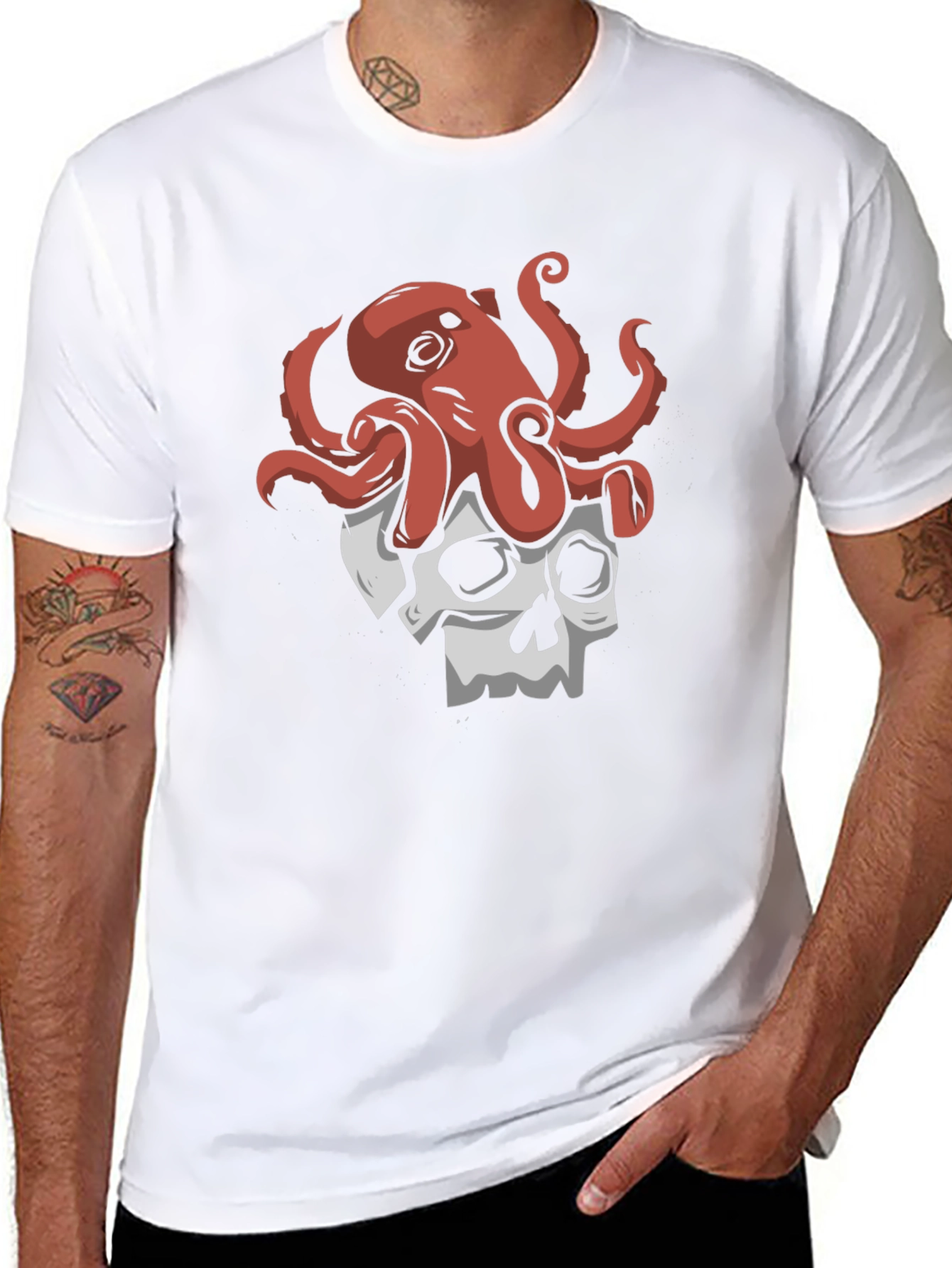 Octopus Skull Graphic Tee - Black Cotton T-Shirt