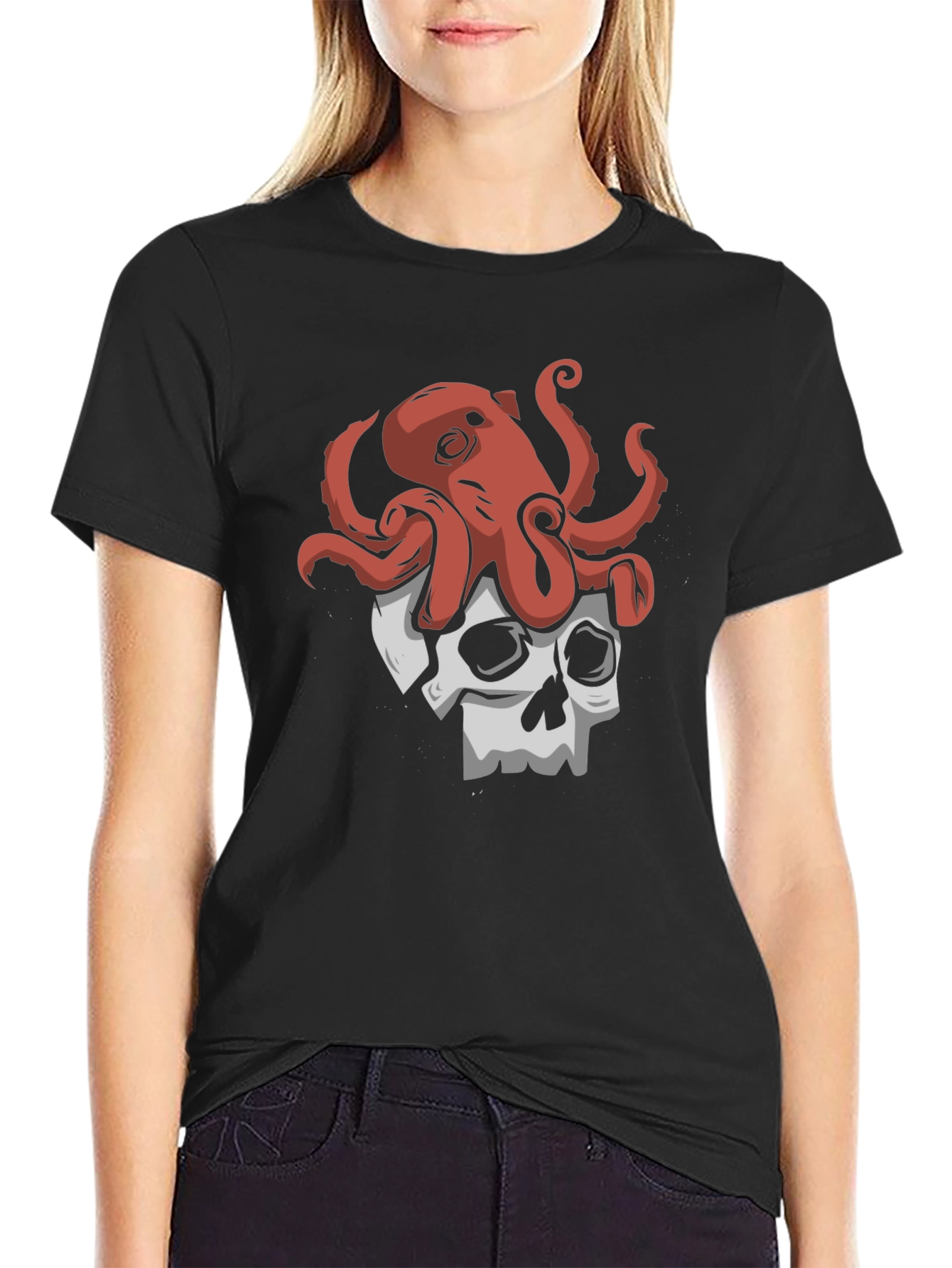 Octopus Skull Graphic Tee - Black Cotton T-Shirt