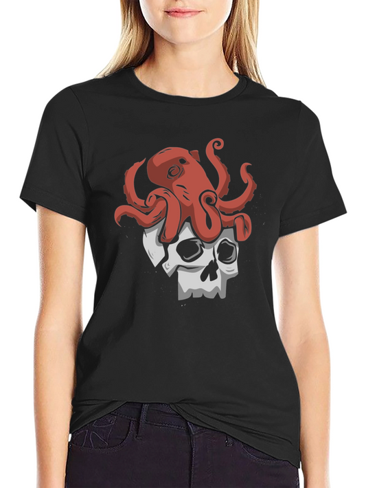 Octopus Skull Graphic Tee - Black Cotton T-Shirt