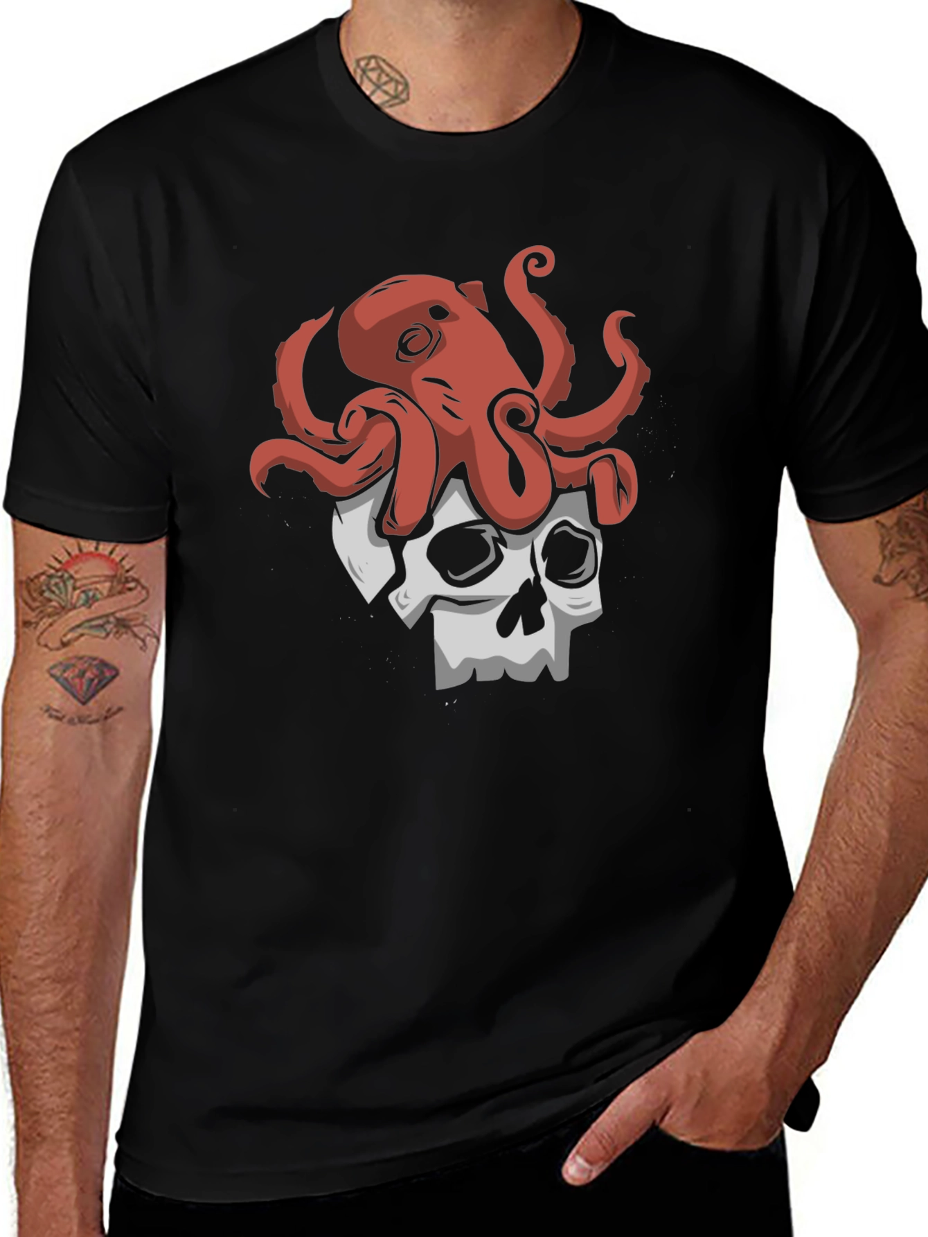 Octopus Skull Graphic Tee - Black Cotton T-Shirt