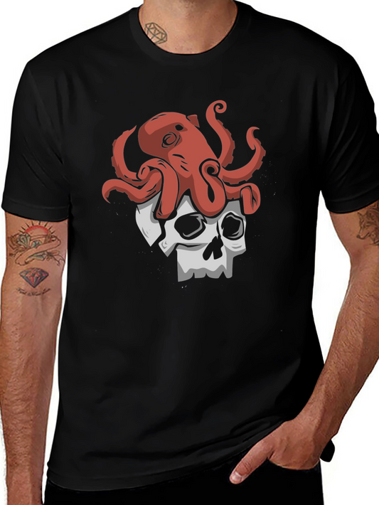 Octopus Skull Graphic Tee - Black Cotton T-Shirt