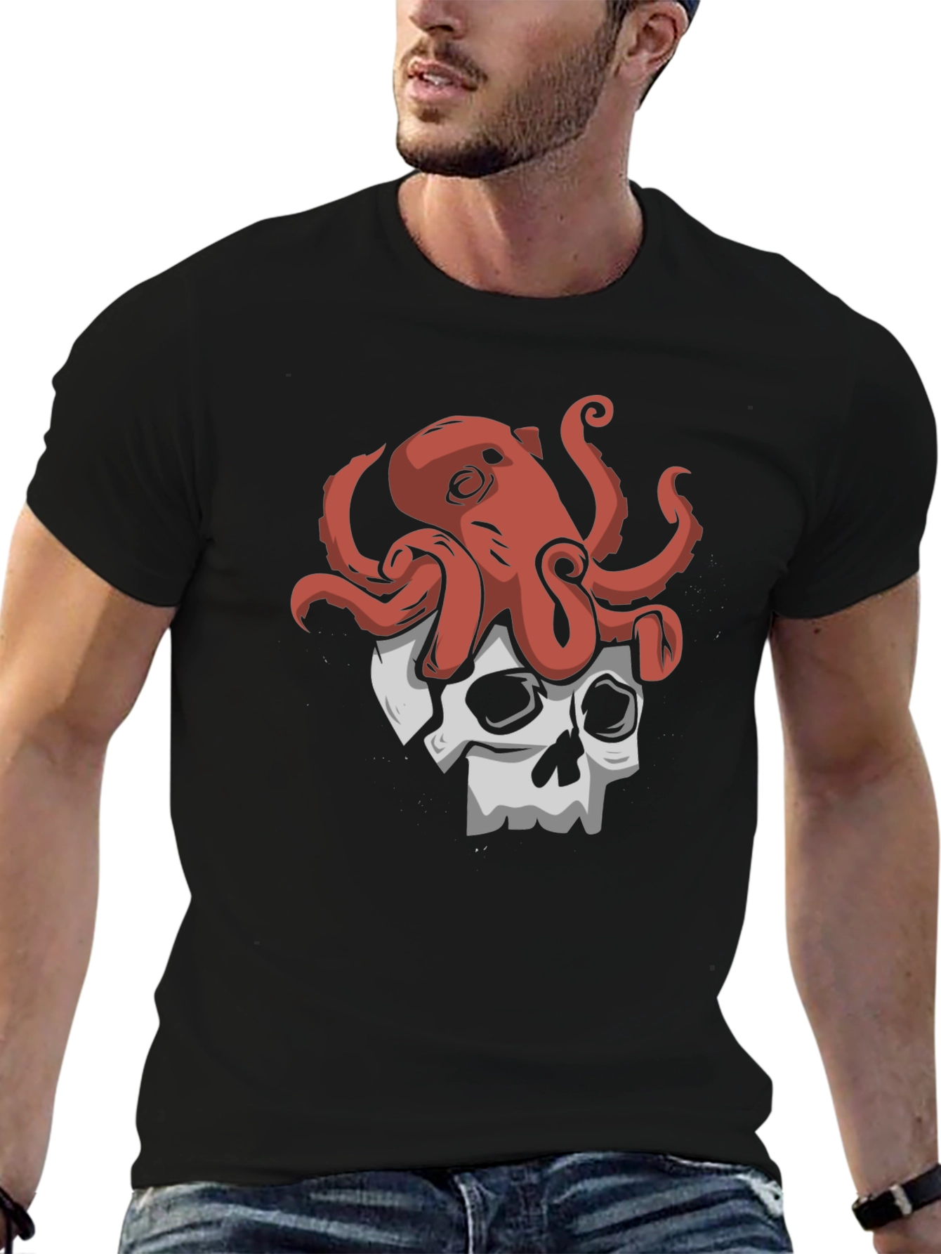 Octopus Skull Graphic Tee - Black Cotton T-Shirt