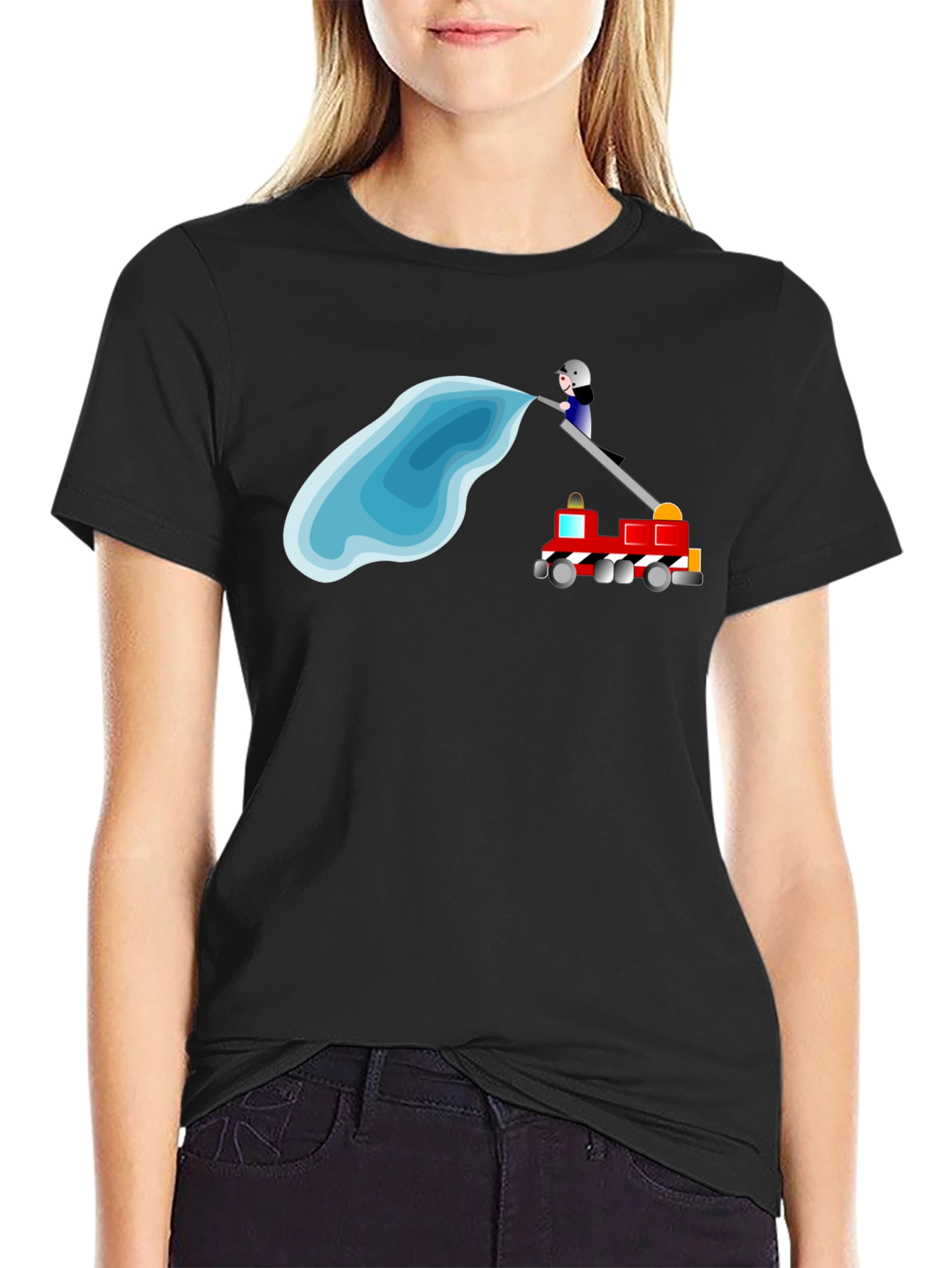 Firefighter Cartoon Black T-Shirt