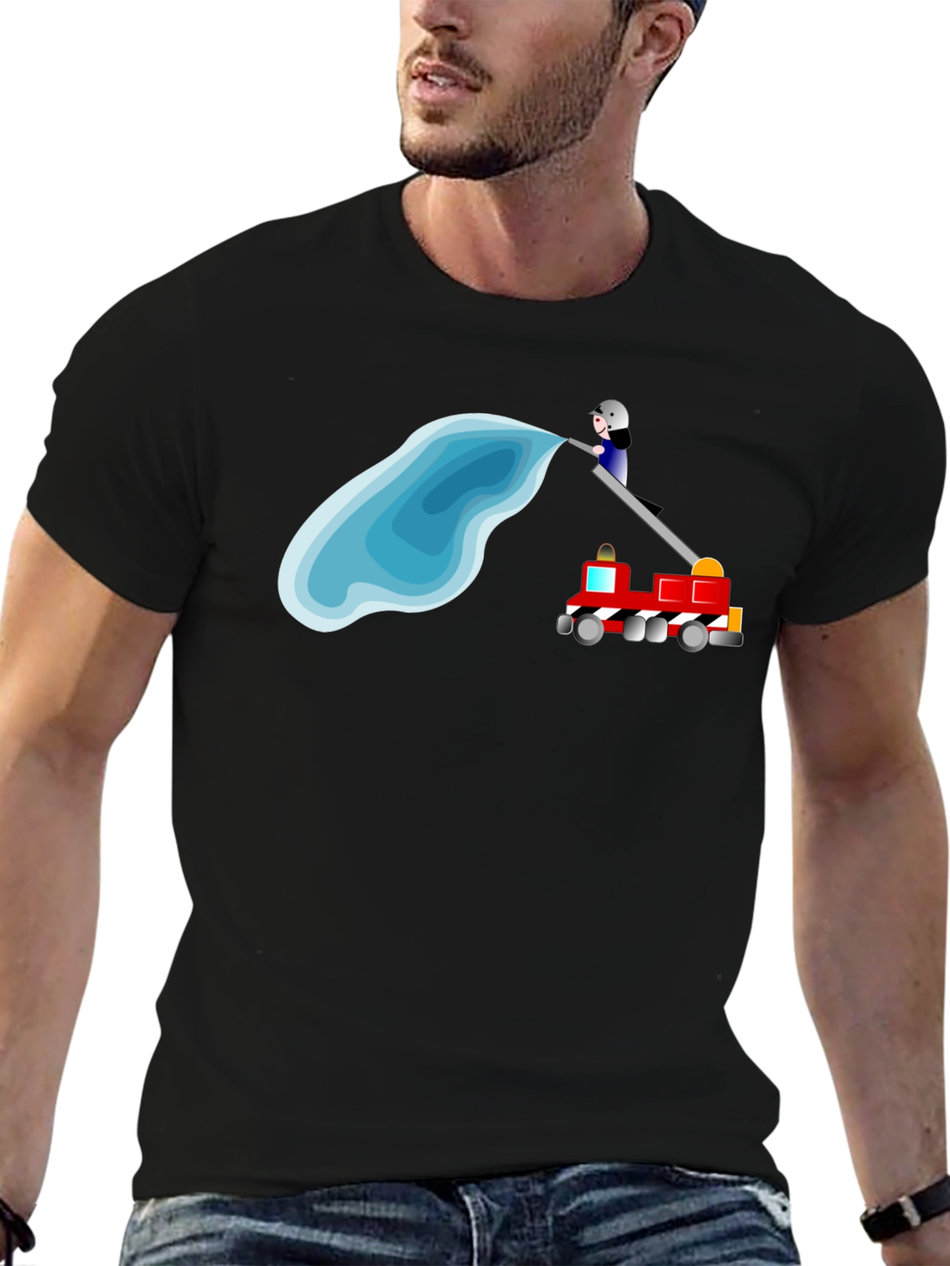 Firefighter Cartoon Black T-Shirt
