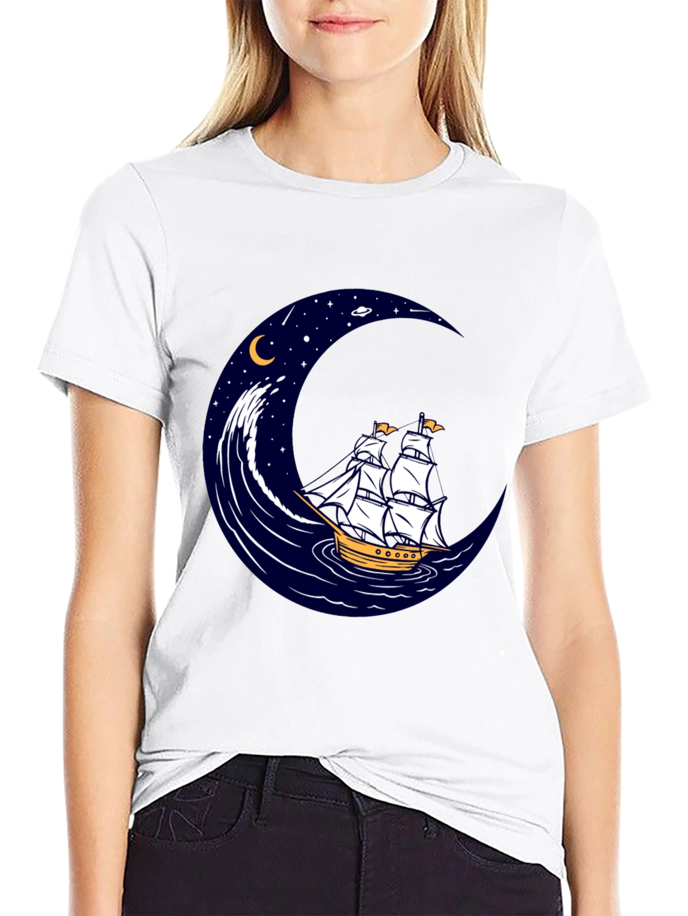 Nautical Moon Sailing Ship Graphic Tee