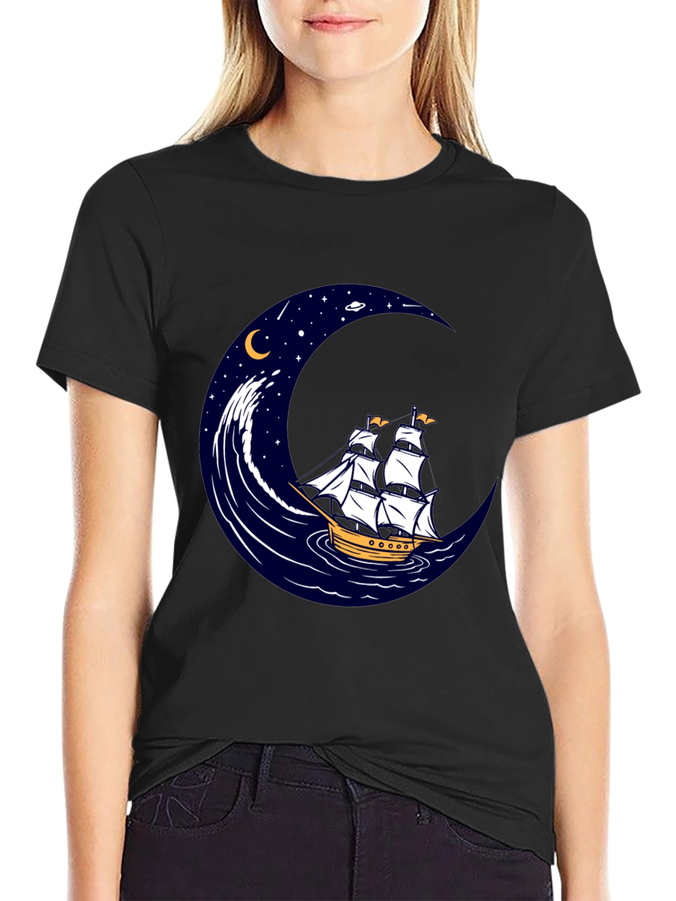 Nautical Moon Sailing Ship Graphic Tee