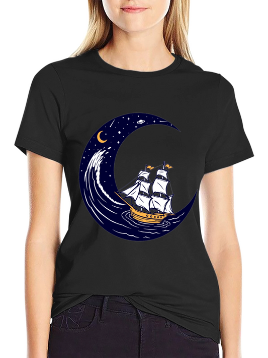 Nautical Moon Sailing Ship Graphic Tee