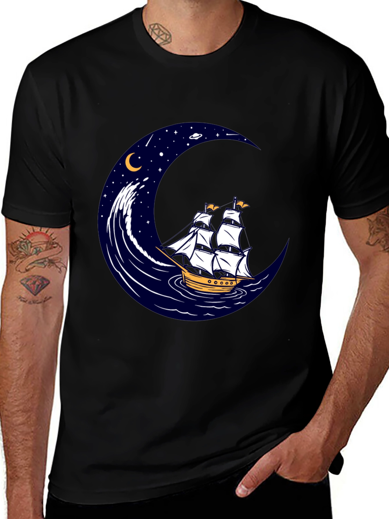 Nautical Moon Sailing Ship Graphic Tee