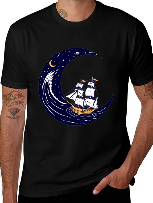Nautical Moon Sailing Ship Graphic Tee