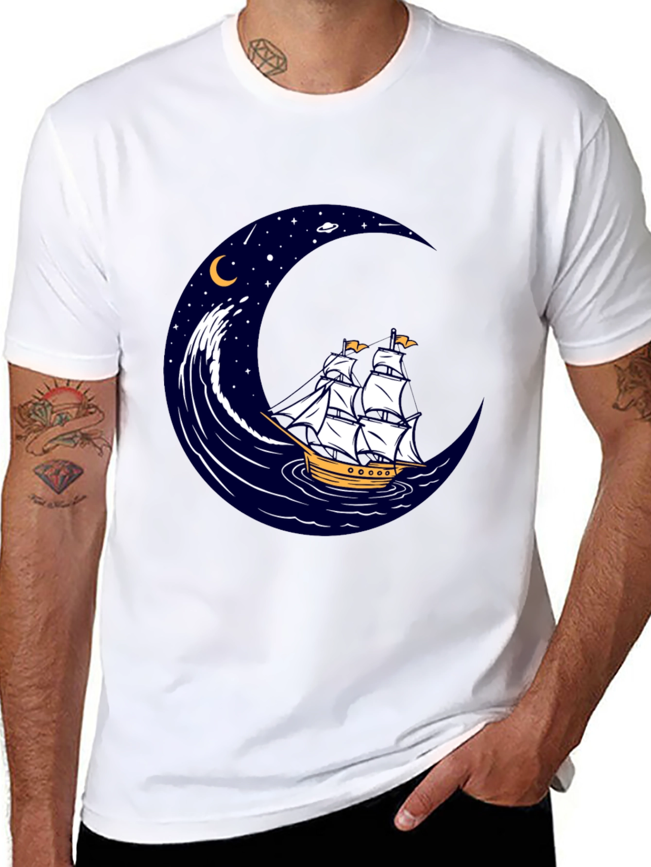 Nautical Moon Sailing Ship Graphic Tee