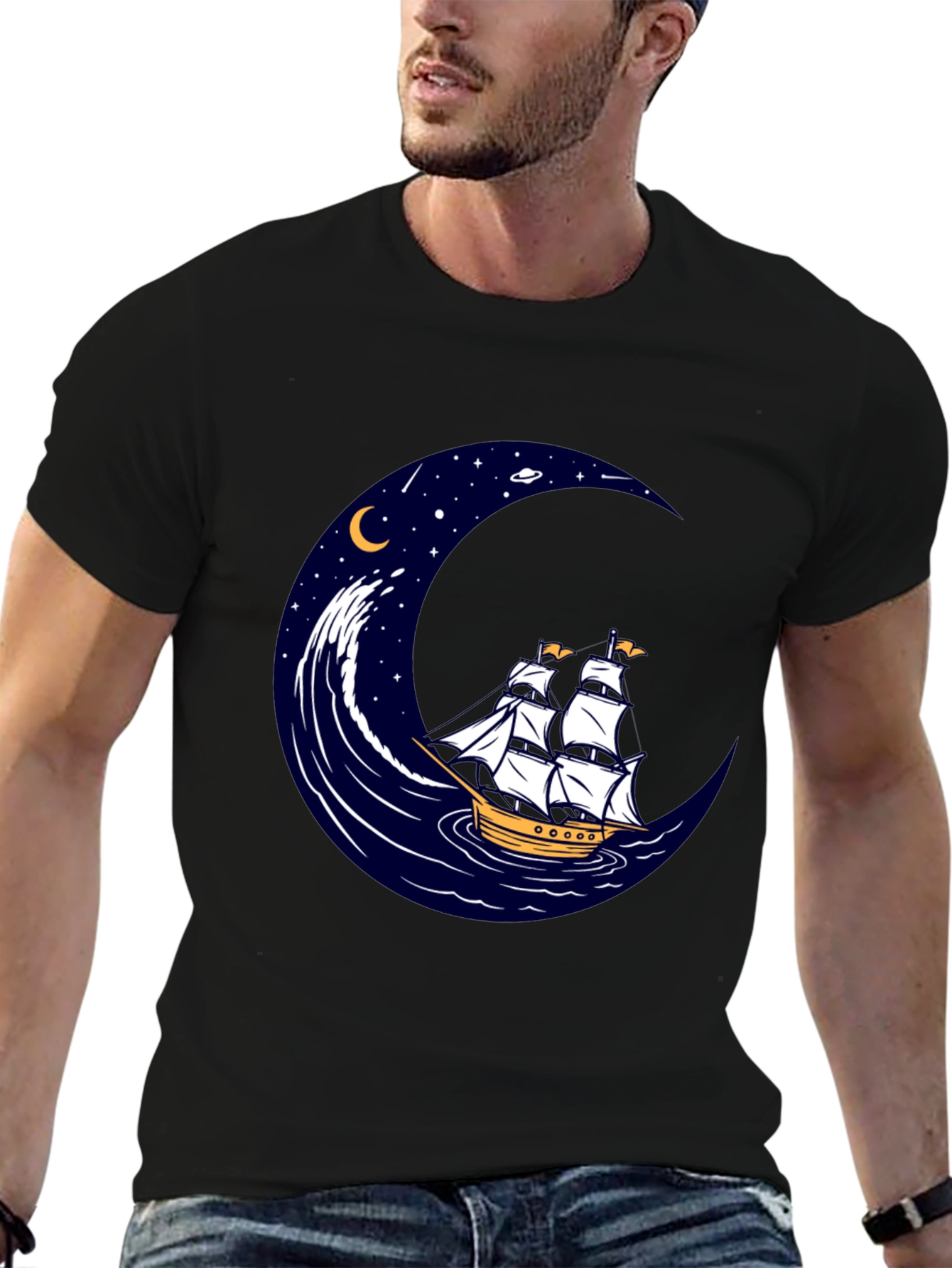 Nautical Moon Sailing Ship Graphic Tee