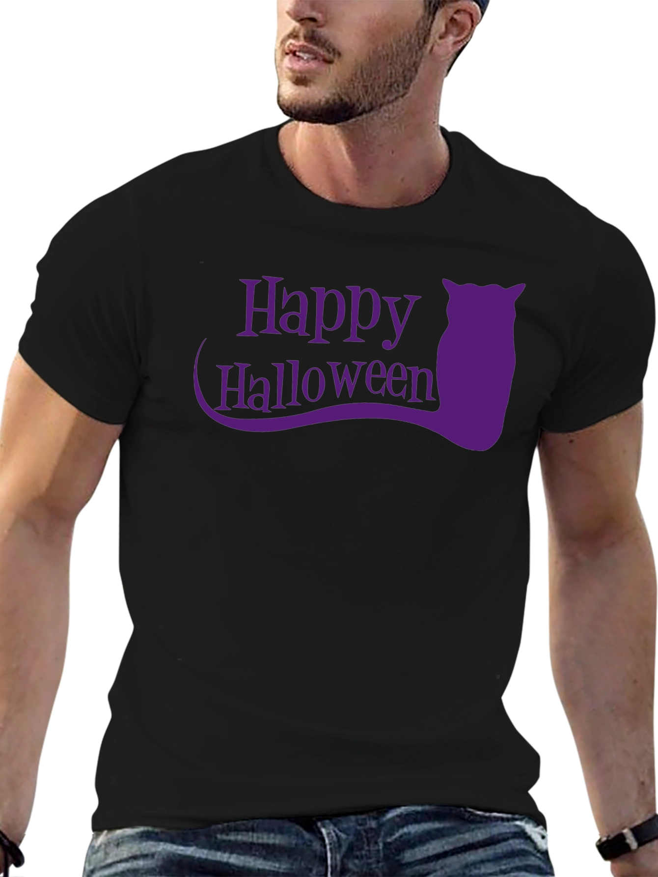 Happy Halloween Black T-Shirt with Purple Owl Graphic
