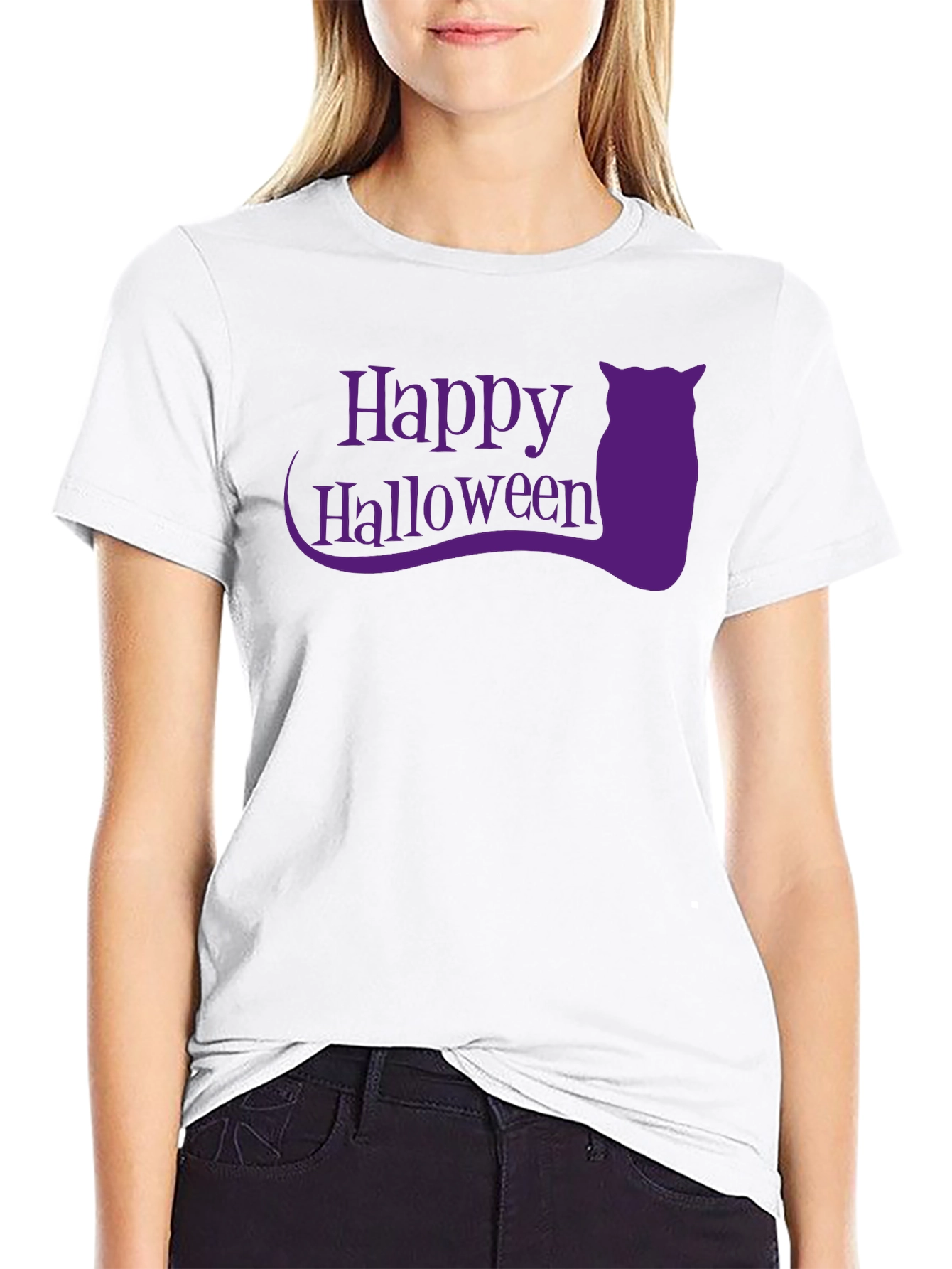 Happy Halloween Black T-Shirt with Purple Owl Graphic
