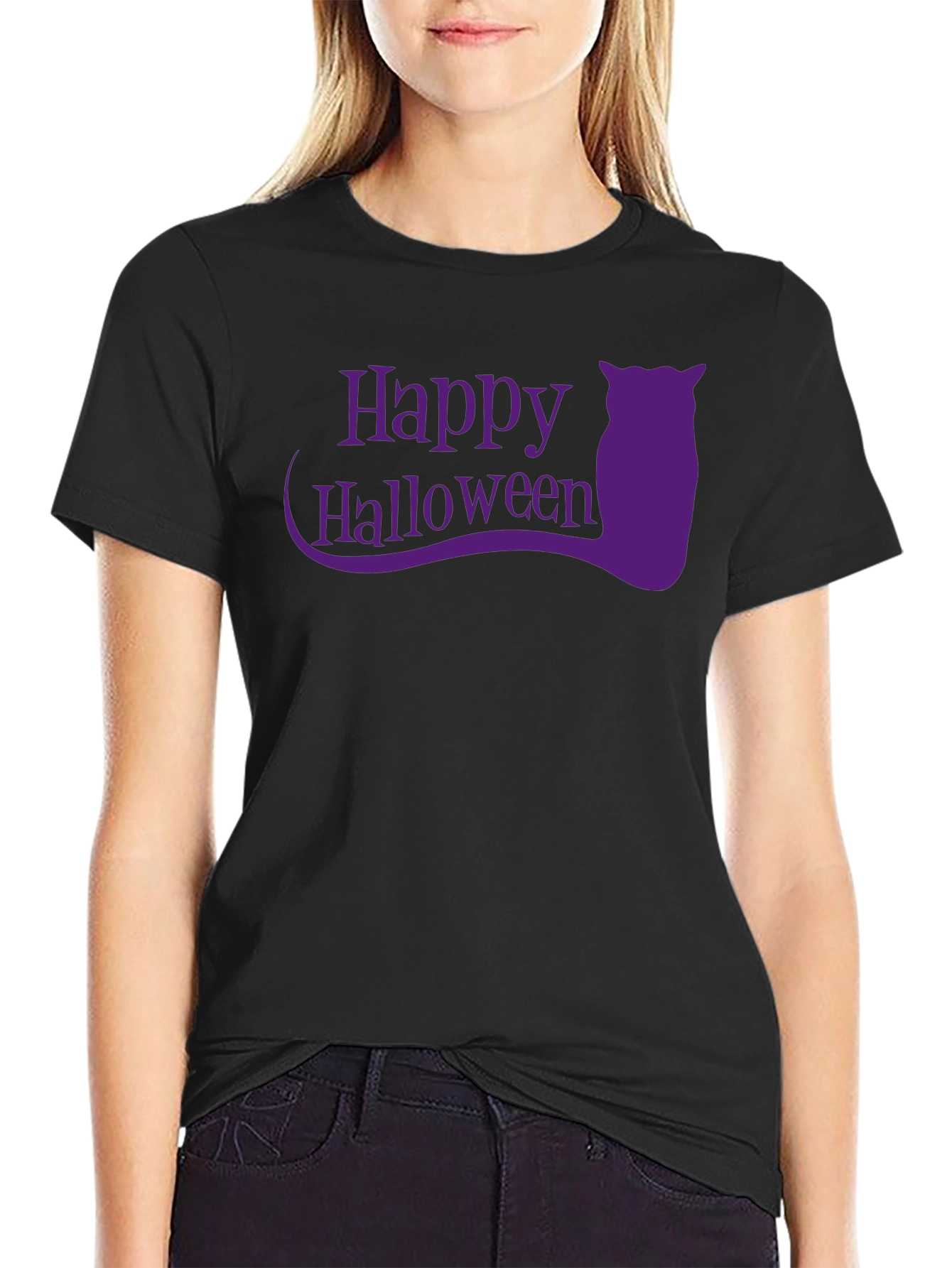 Happy Halloween Black T-Shirt with Purple Owl Graphic