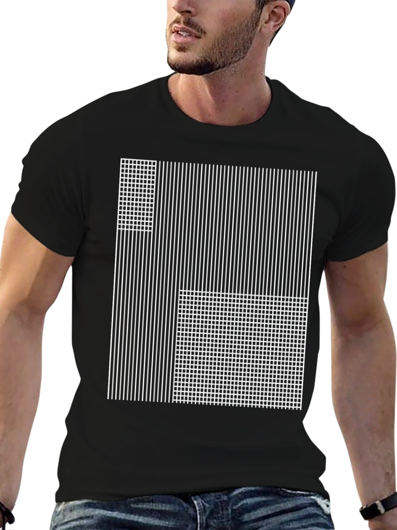 Abstract Grid and Stripe Graphic Tee
