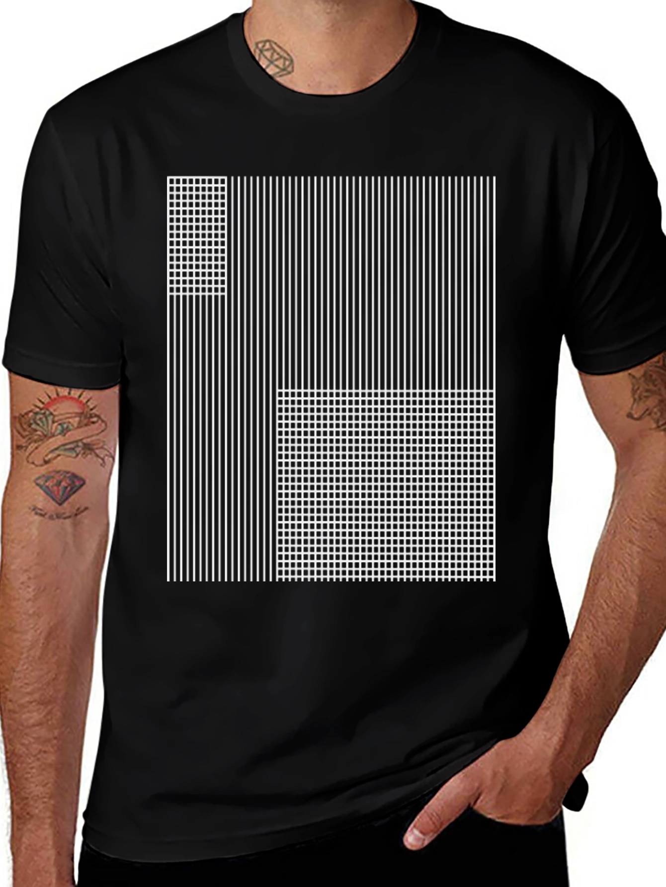 Abstract Grid and Stripe Graphic Tee