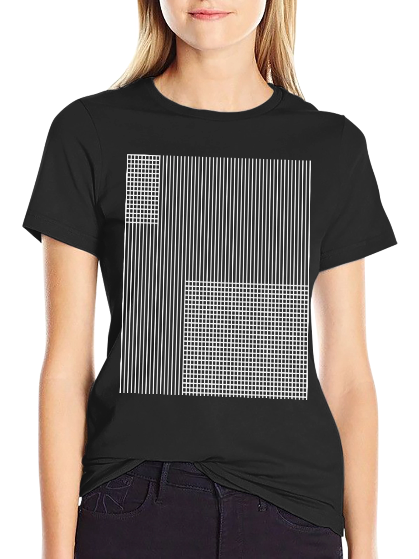 Abstract Grid and Stripe Graphic Tee