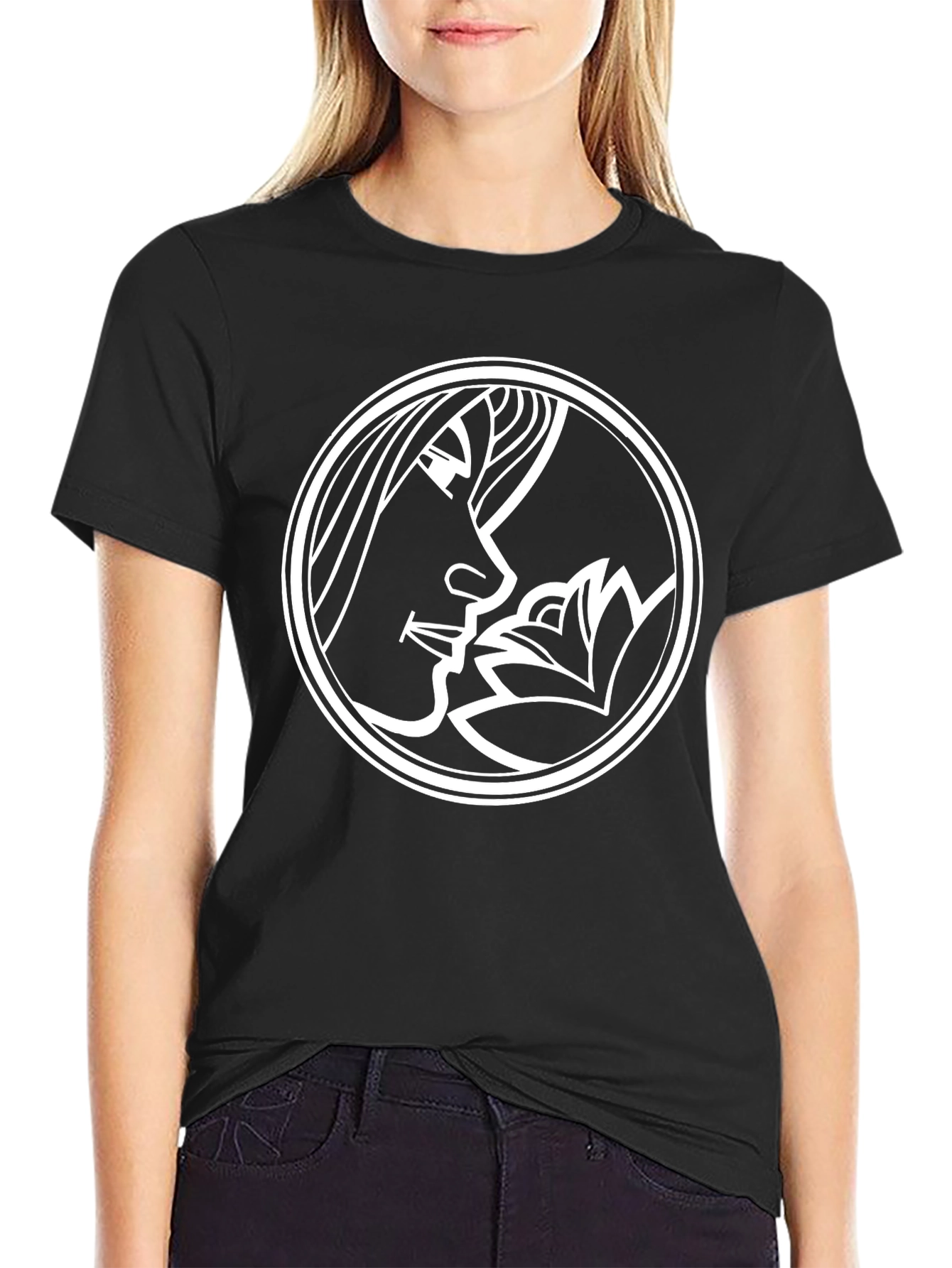 Black T-Shirt with Lotus Flower Design